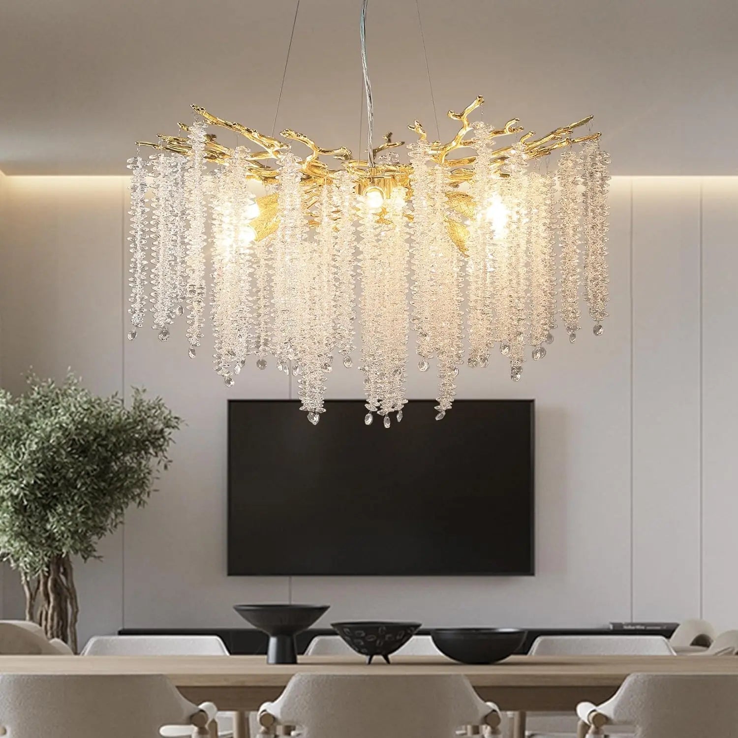 Luxury Round Crystal Chandelier - Modern Ceiling Light Fixture with Branch Design for Dining Room, Living Room & Bedroom Lighting