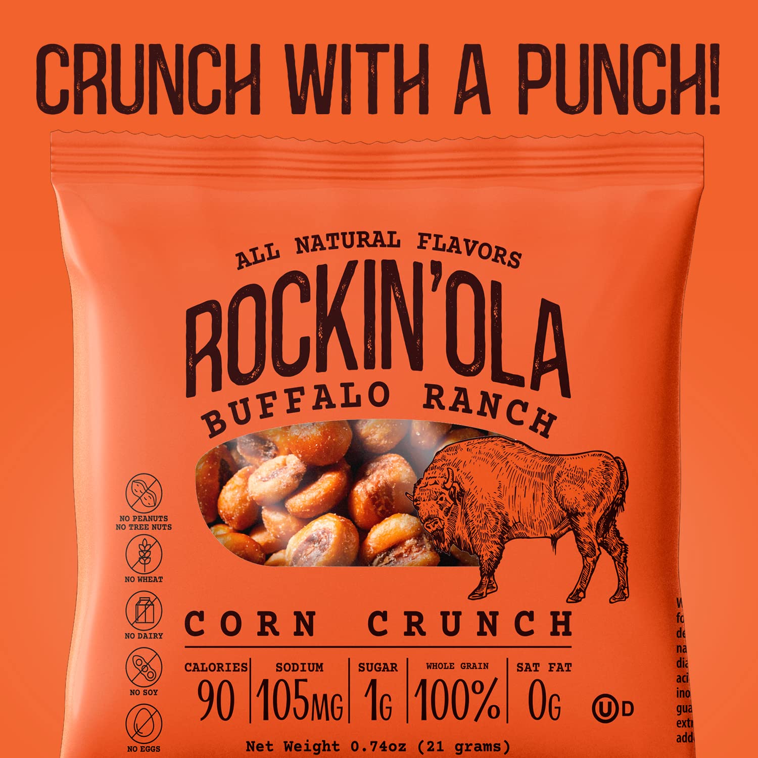 Rockin'Ola Crunchy Whole Corn Kernels Snacks - All Natural, Allergen Free, Buffalo Ranch Flavor (25 Pack) | Perfect for School Lunches, Office Snacks & On-the-Go Healthy Munching