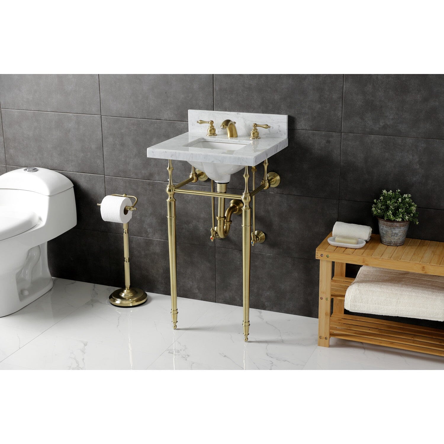 Edwardian 19 Inch Carrara Marble Console Sink with Brass Legs (8 Inch, 3 Hole) - Elegant Bathroom Vanity for Powder Rooms & Guest Baths