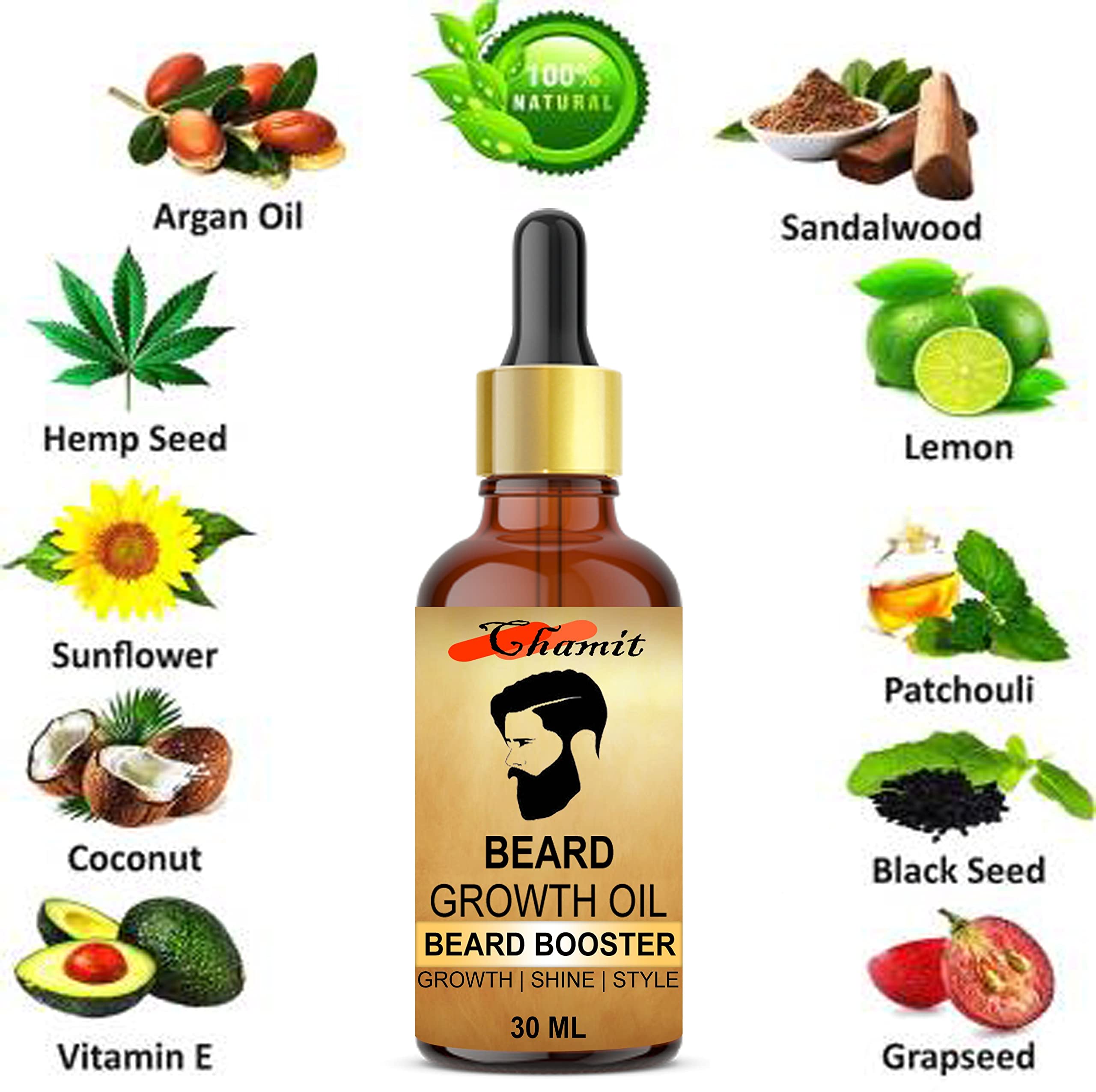 Premium Organic Beard Growth Oil for Men & Boys - CHAMIT Natural Beard Booster with Argan & Jojoba Oils - Stimulates Thicker, Fuller Facial Hair Growth - Ideal for Daily Grooming & Styling