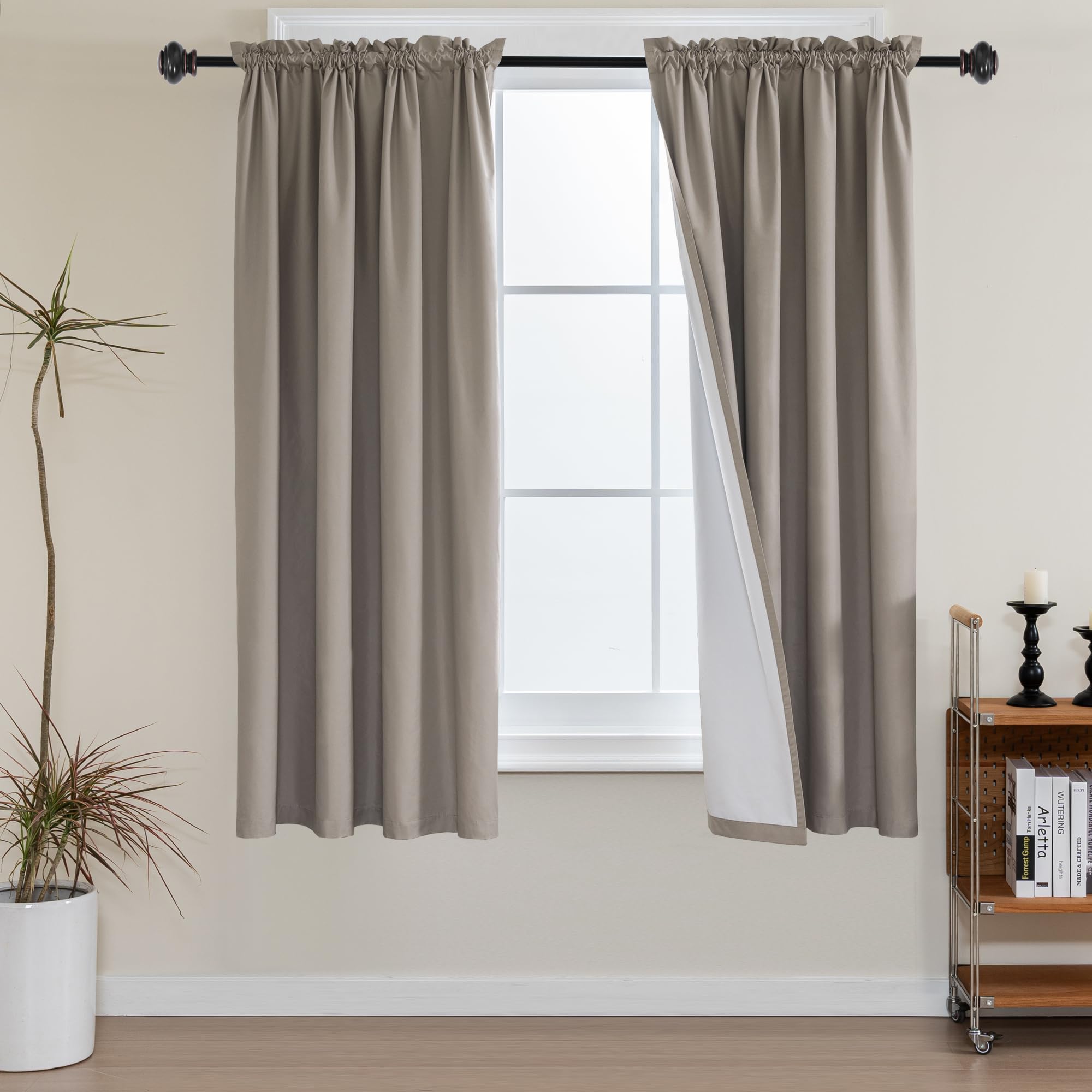 H.VERSAILTEX 100% Blackout Curtains 54 Inches Long - Light Blocking Thermal Insulated Drapes with White Liner for Small Windows, Soundproof Window Treatment Panels with Rod Pocket (Taupe, 2 Panels, 52