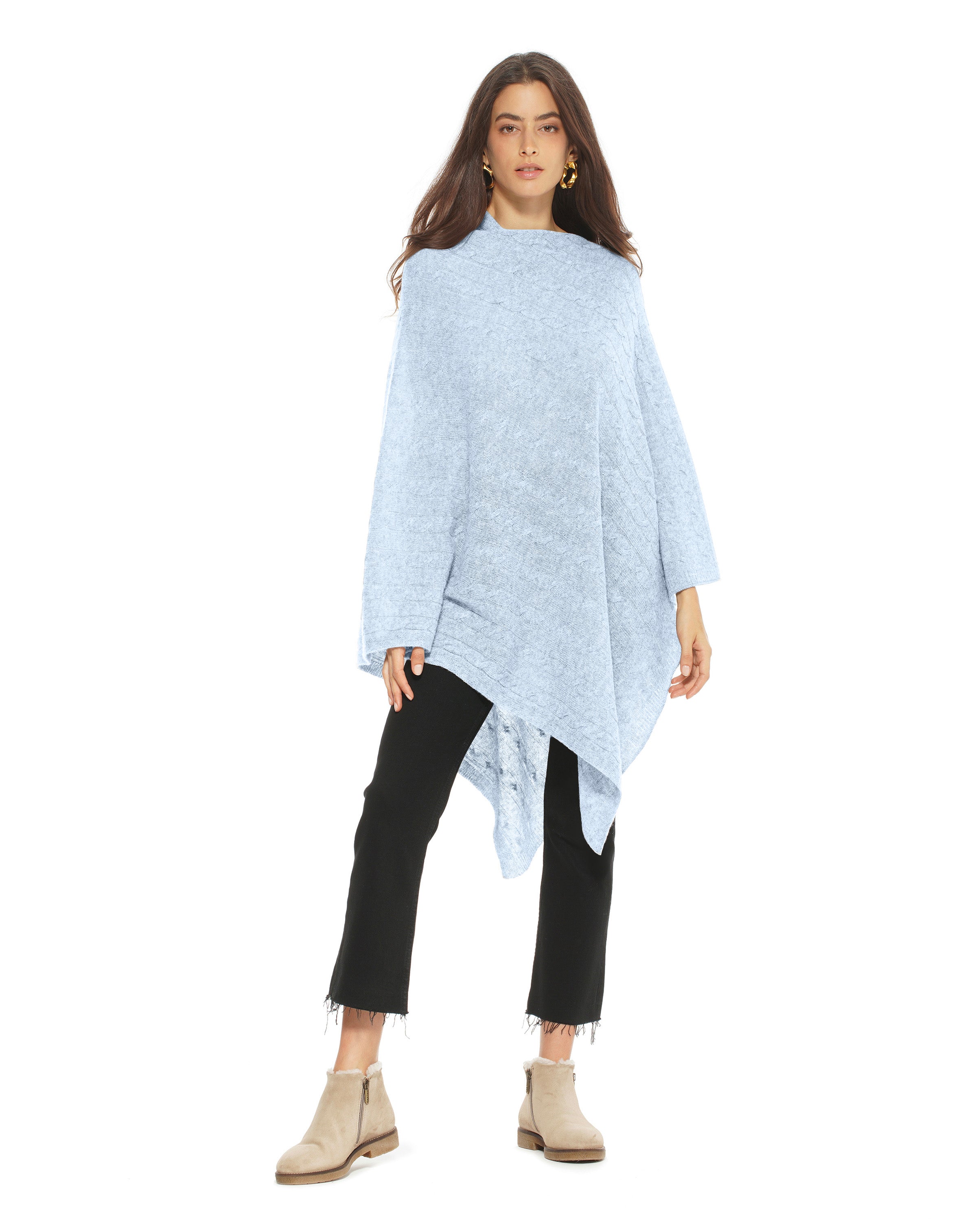 Women's Soft Pure Cashmere Cable Knit Poncho - Pastel Blue | Cozy Winter Wrap for Outdoors & Travel | Elegant Fashion Accessory