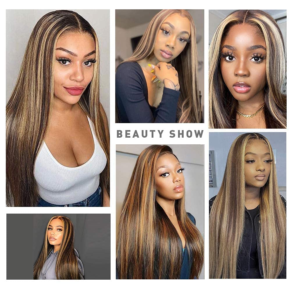 13x4 Highlight Straight 4/27 Ombre HD Transparent Lace Front Wig - 200% Density Brazilian Human Hair with Baby Hair for Black Women (24inch, 4/27-Straight) | Pre-Plucked Natural Look for Daily Wear, Parties & Special Occasions
