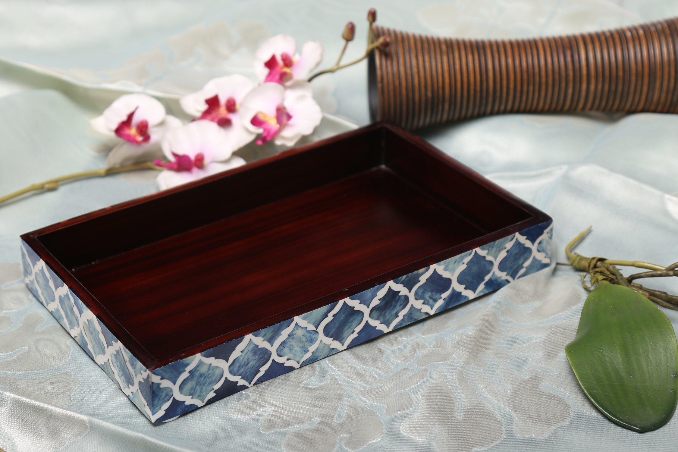 Handmade Moroccan Pattern 10x6 Towel Tray - Small Bathroom Tray, Guest Towel Holder, Decorative Napkin Holder, Bathroom Countertop Storage, Kitchen Hand Towel Holder in Moroccan Blue | Perfect for Bathroom Organization, Guest Essentials Display & Stylish Kitchen Decor