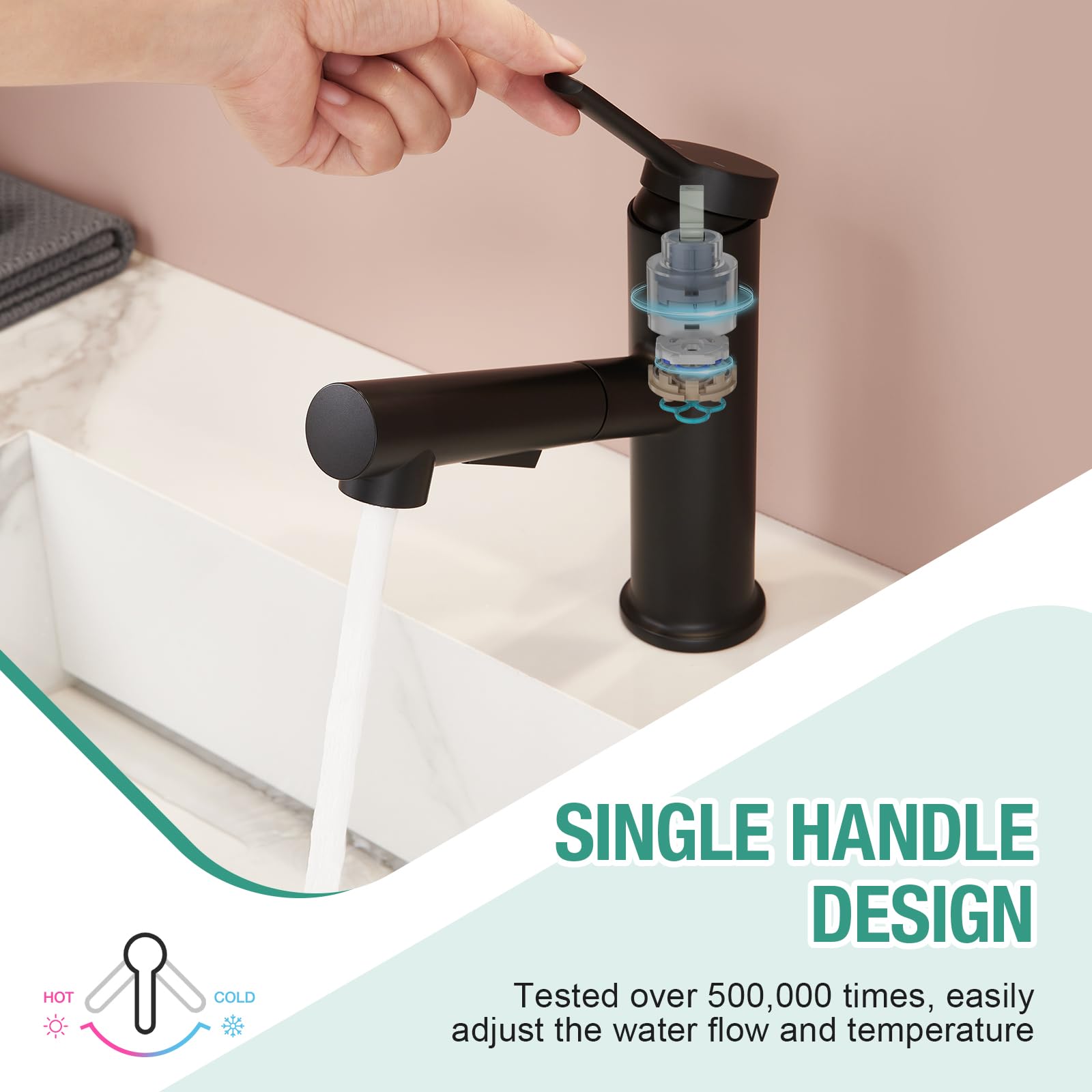 Black Single Handle Bathroom Faucet with Pull Out Sprayer - 1 Hole Basin Mixer Tap with 2 Modes Rotating Spout - Perfect for RV, Bar, Laundry Room & Utility Sink - Includes Sprayer and Pop Up Drain - Modern Water-Saving Design for Home & Commercial Use