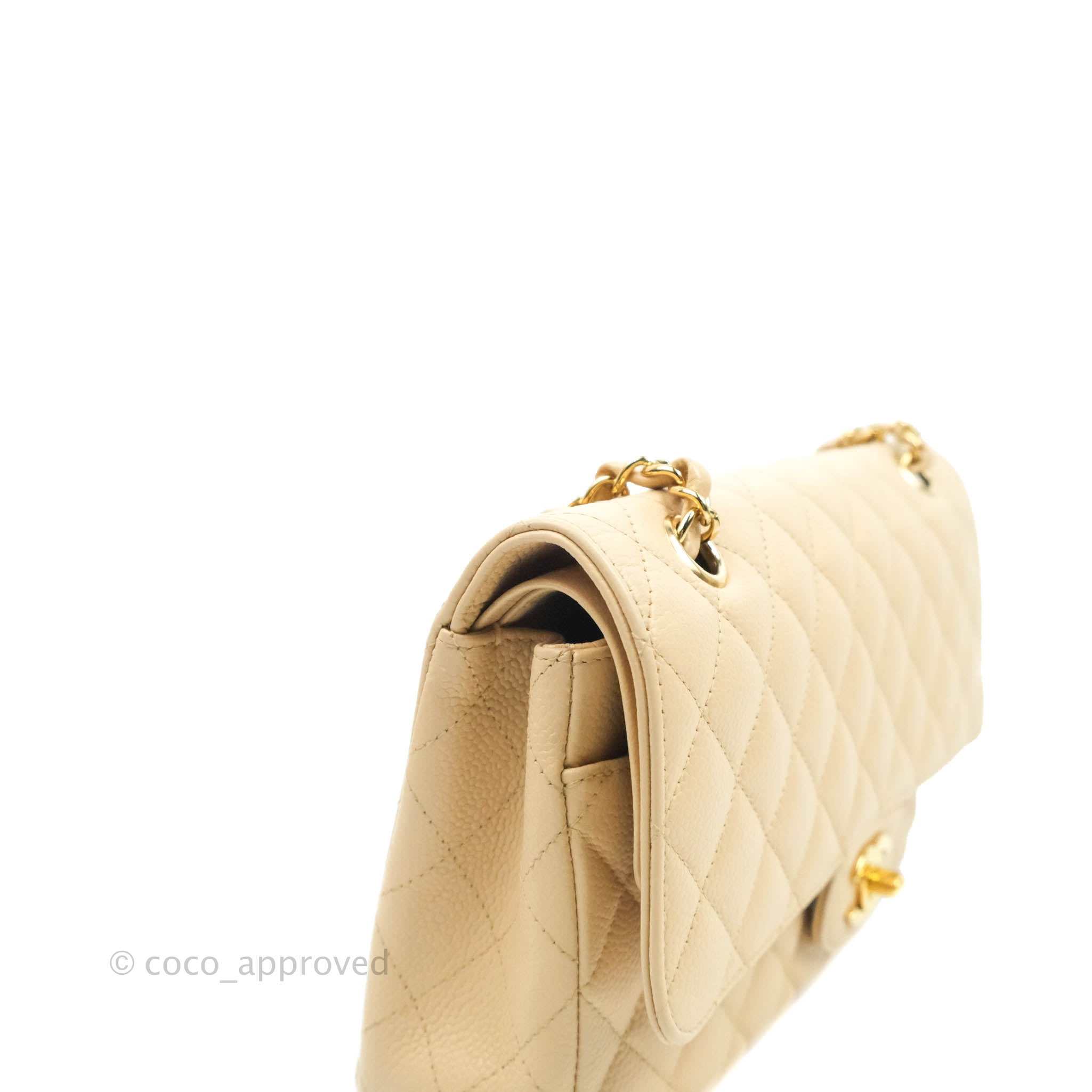 Chanel Classic Medium Double Flap Bag in Beige Caviar Leather with Gold Hardware - Luxury Designer Handbag for Women, Perfect for Work, Evening Events & Special Occasions