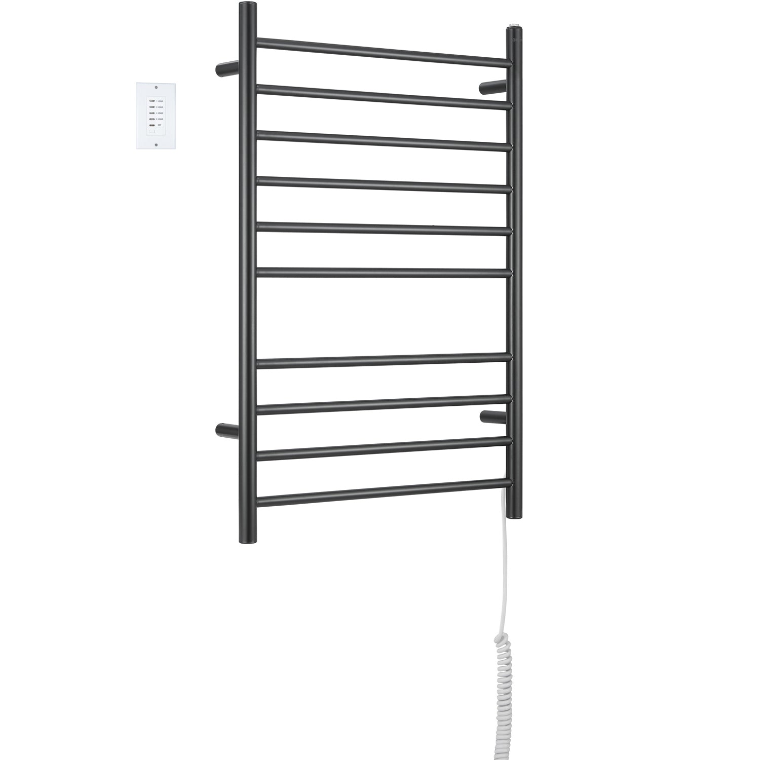 Ancona Novara 10 Bar Matte Black Wall Mounted Towel Warmer with Timer - Bathroom Heated Towel Rack for Spa, Luxury Home & Hotel Use