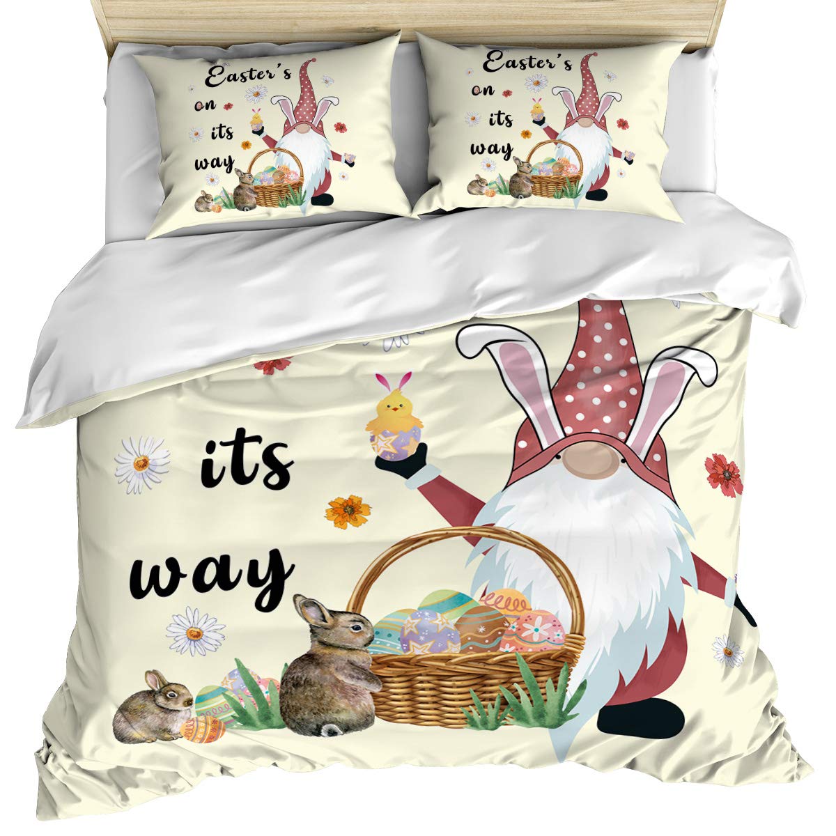 **Easter Gnome Bunny 3-Piece Duvet Cover Set - Full Size Ultra Soft & Breathable Microfiber Bedding with Floral Egg Design for Spring & All Seasons | Perfect for Easter Decor, Guest Room, or Cozy Bedroom Upgrade**