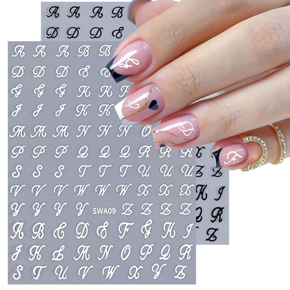3D Old English Letter Nail Stickers - 8 Sheets Gold Silver Black White Retro Nail Decals for Women & Girls Manicure