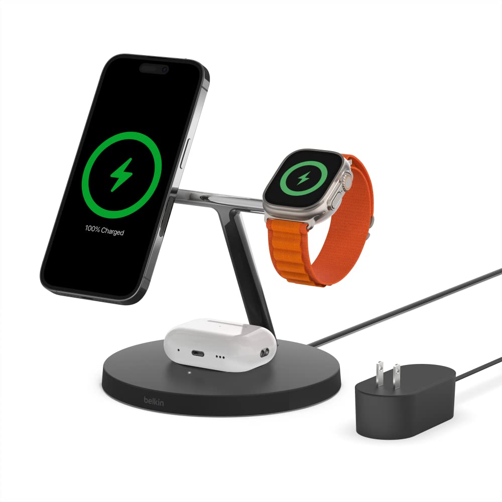 Belkin MagSafe 3-in-1 Wireless Charging Stand (2nd Gen) - Fast 33W Charger for iPhone 16/15/14 Series, Apple Watch & AirPods - Multi-Device Magsafe Charging Station (Black) - Perfect for Home, Office & Travel Use