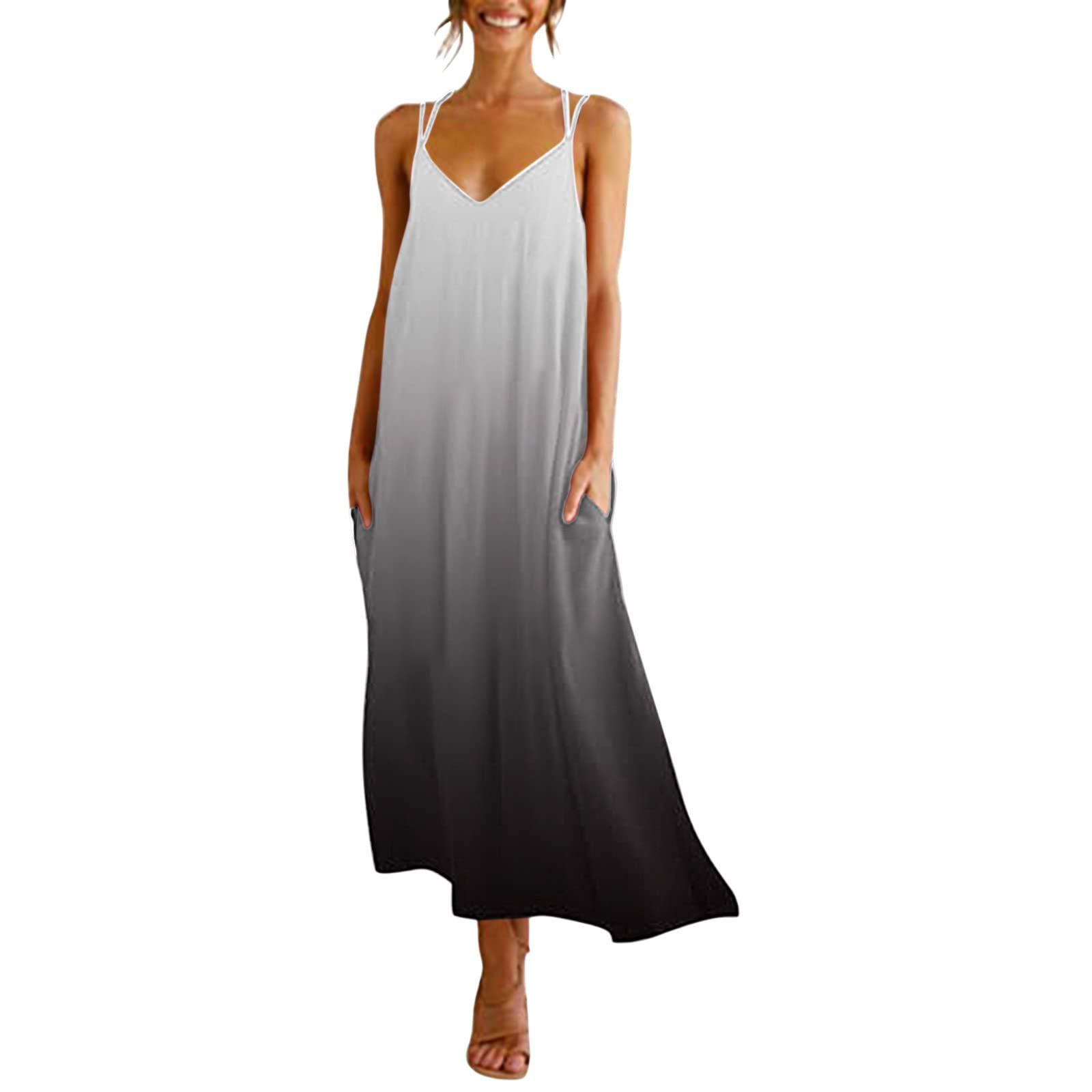 Elogoog Women's Summer Midi Dress with Suspenders, Backless Sleeveless Design & Pockets - Perfect for Beach Vacations, Outdoor Parties, and Casual Wear