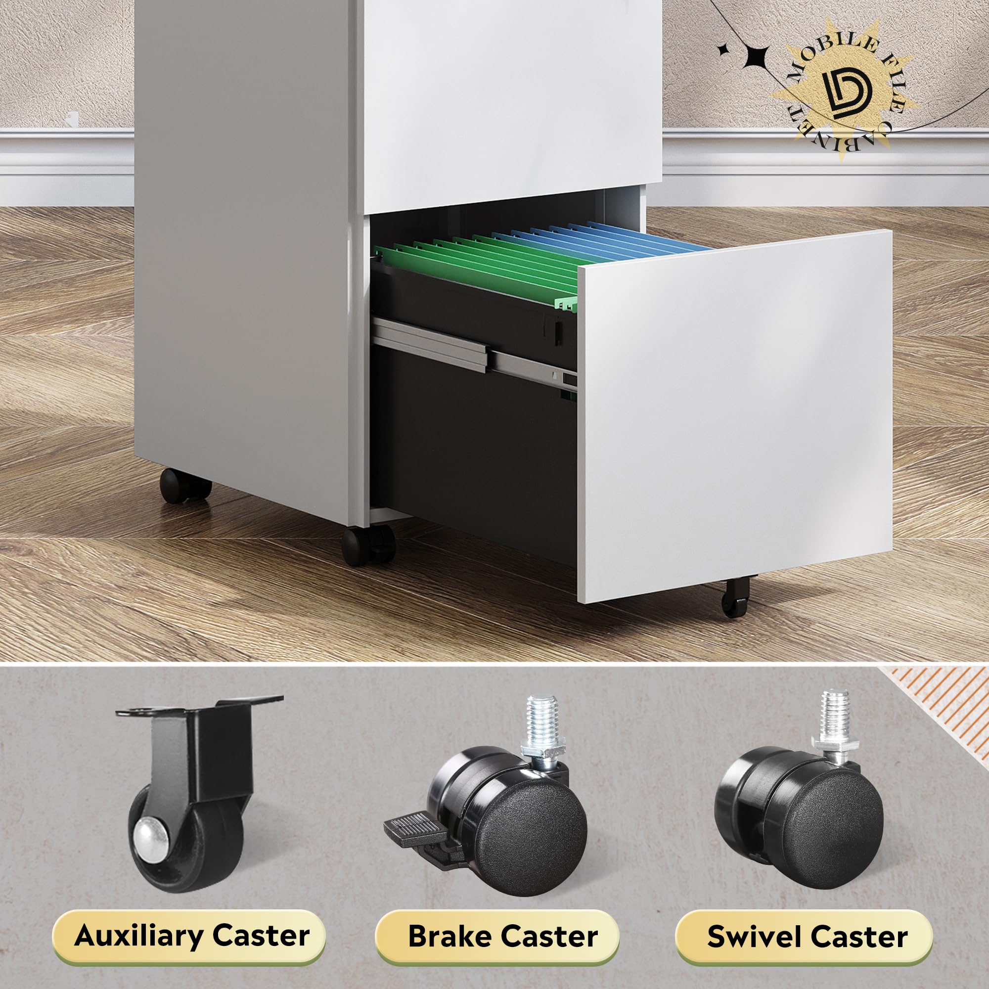 DEVAISE 2-Drawer Locking Rolling File Cabinet - Metal Home Office Storage Organizer with Wheels, White - Perfect for Desk Organization & Document Filing in Small Spaces