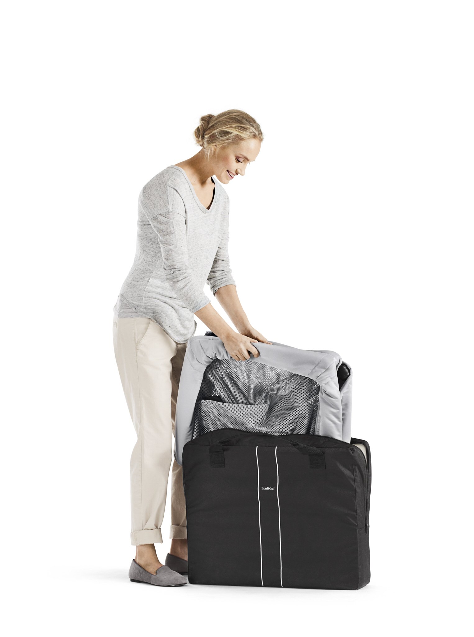 BabyBjörn Travel Crib Light - Portable Folding Baby Bed with Breathable Mesh, Silver (One Size) - Perfect for Travel, Home & Outdoor Use