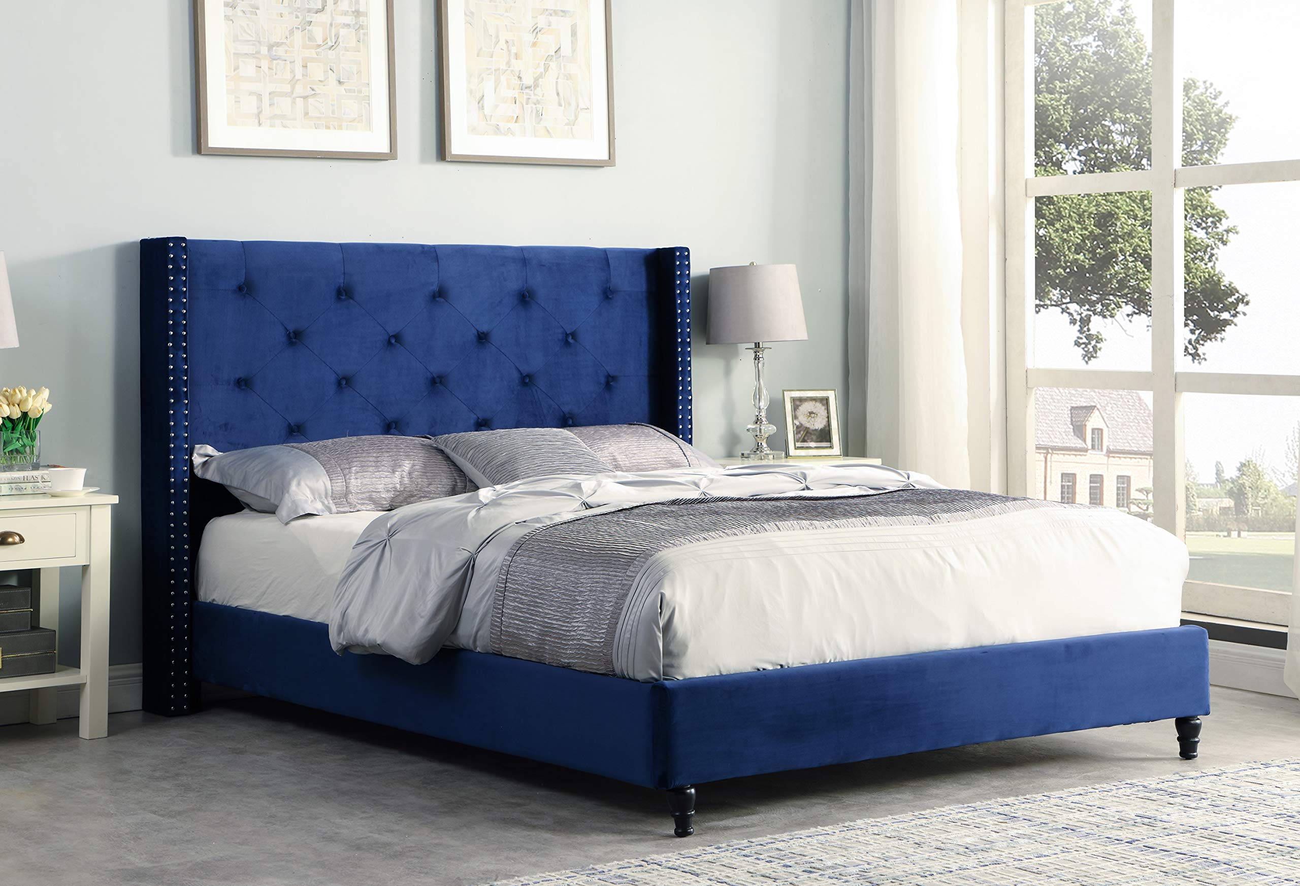 Best Master Furniture Vero Velvet Upholstered King & Queen Bed Frame - Navy Blue Luxury Bedroom Furniture for Modern Home Decor | Perfect for Master Bedrooms, Guest Rooms & Apartment Living