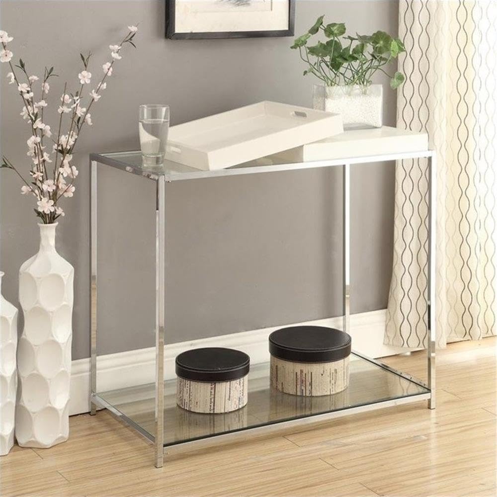 Pemberly Row Modern Clear Glass Console Table with Chrome Metal Finish - Stylish Entryway & Living Room Furniture for Home Decor