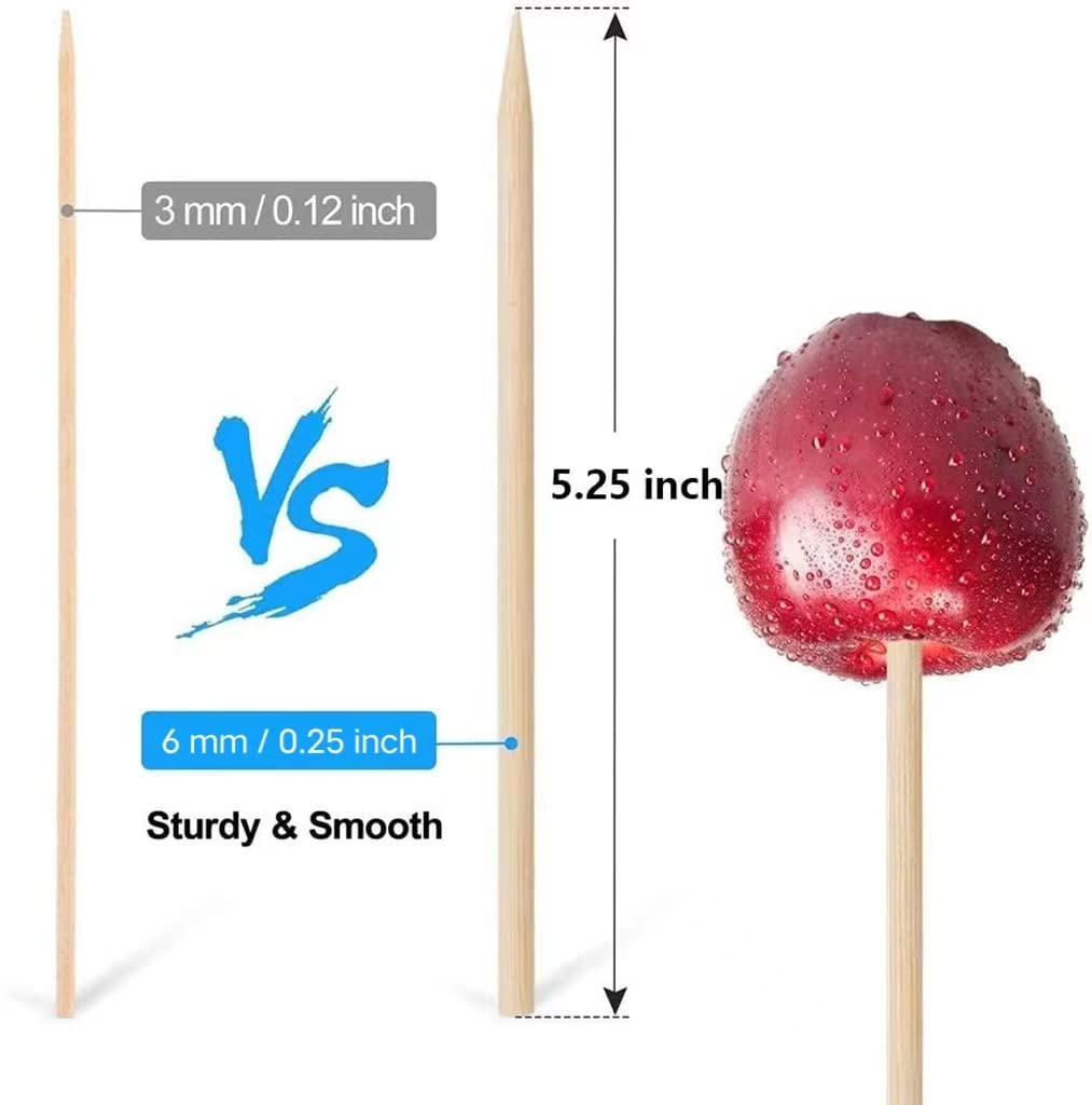 Natural Wooden Candy Apple Skewer Sticks - 6mm x 5.25 Inch Semi-Pointed BBQ Sticks for Caramel Apples, Cotton Candy, Rock Candy, Lollipops & Corn Dogs - Perfect for Halloween Treats, Party Snacks & Summer Barbecues