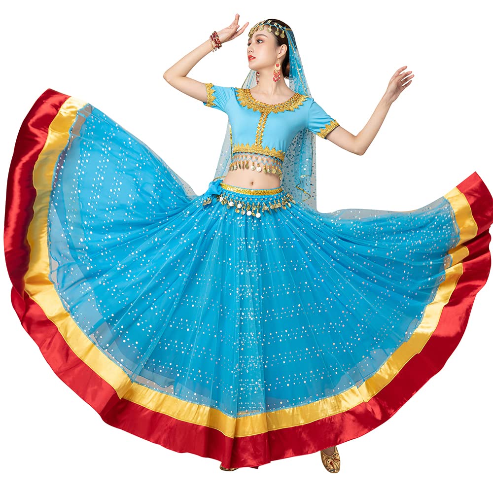 MISI CHAO Women's Belly Dance Costume - Elegant Bollywood Chiffon Dress with Head Veil for Halloween, Party & Performance | Perfect for Dance Shows, Cosplay & Themed Events