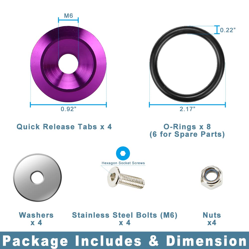 JDM Quick Release Bumper Fasteners Kit - 4 Piece Set with 8 O-Rings (Purple) | Front & Rear Bumper Accessories for Car Modification & Racing | Perfect for Drift Cars, Tuner Vehicles & Automotive Upgrades