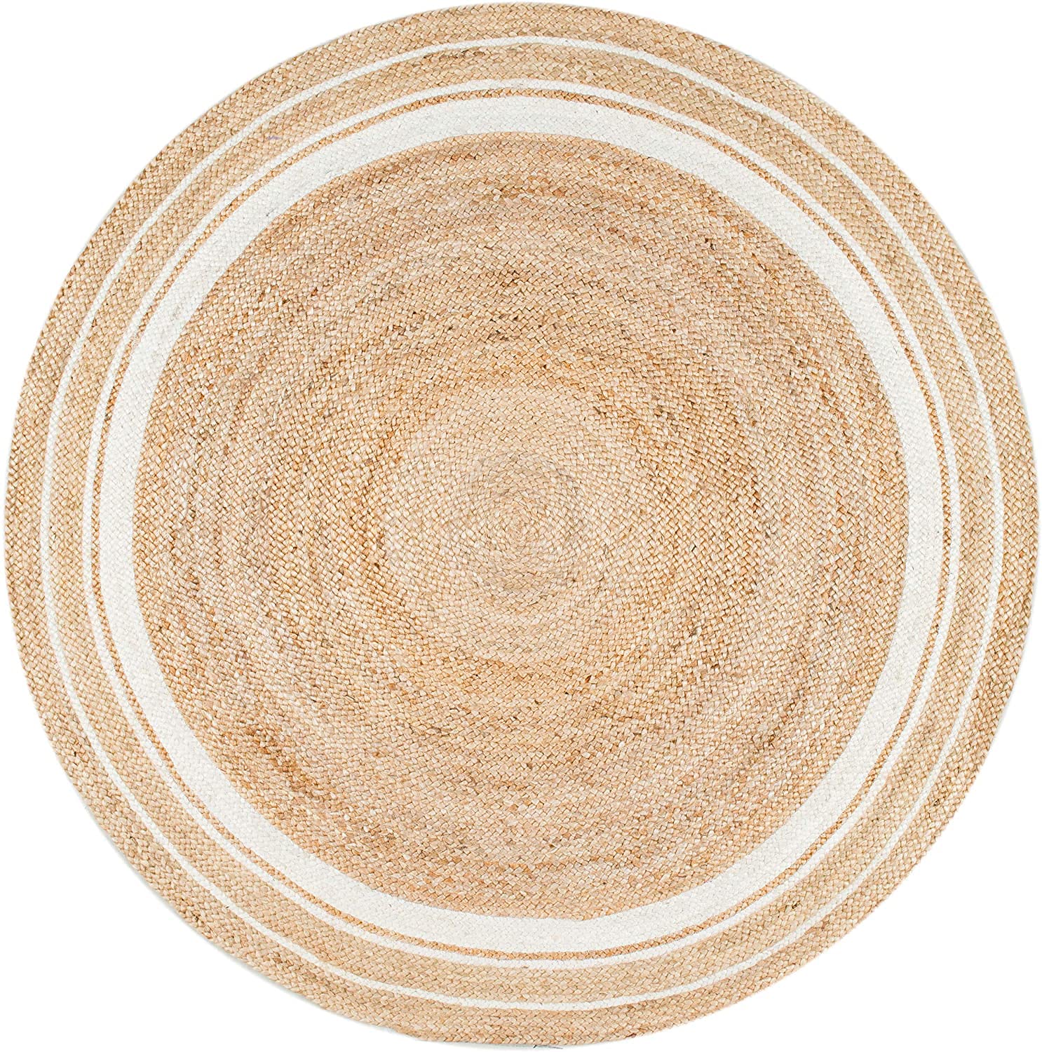 Handmade Natural Jute Round Area Rug - 6x6 Feet Beige with White Border, Braided Home Decor Rug for Living Room, Bedroom & Boho Style Spaces | VP JR51