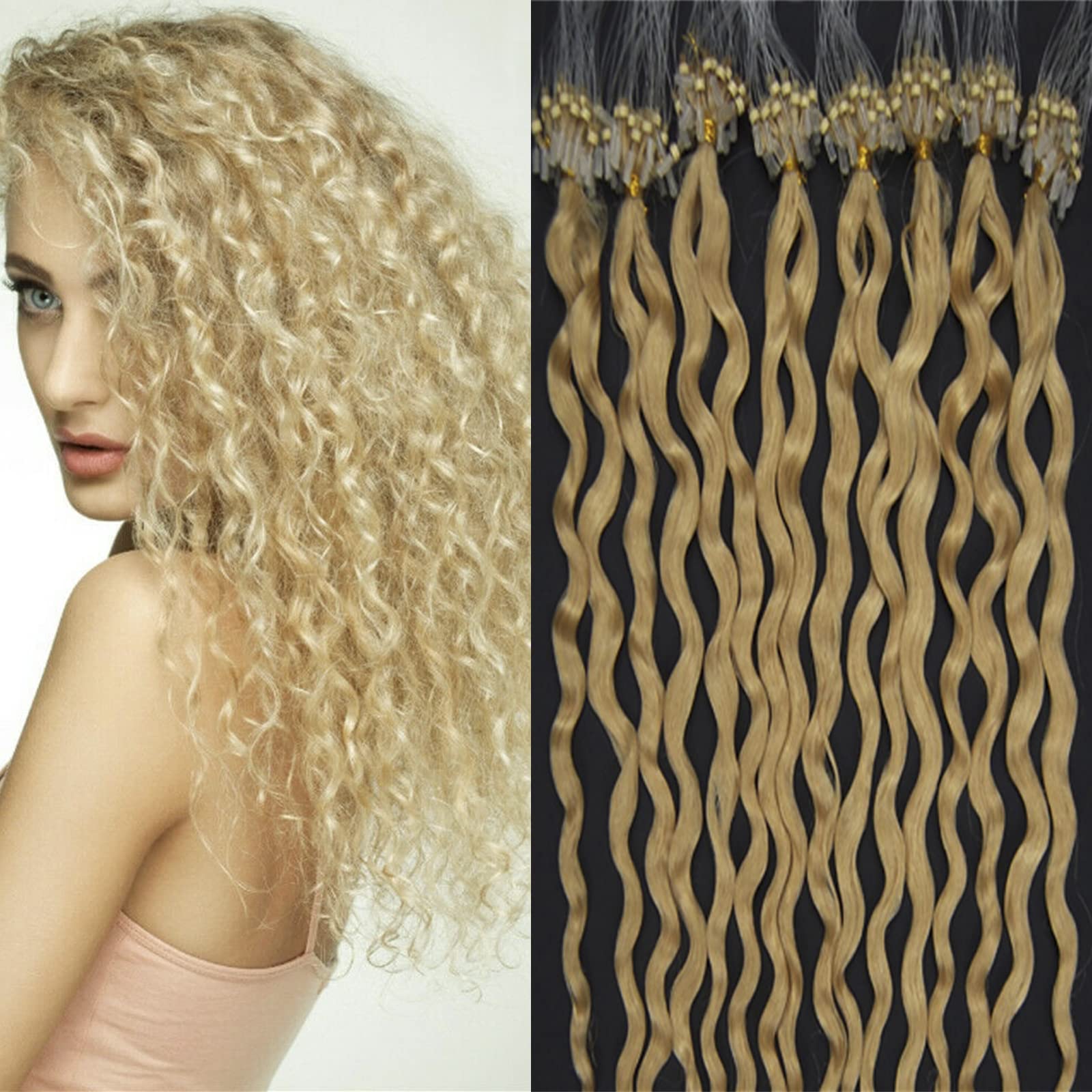 Micro Ring Beads Human Hair Extensions - 20inch Curly Silicone Micro Beads Loop Link with Real Human Hair (Light Blonde, 100 Pieces) for Volume & Length - Perfect for Parties, Weddings & Everyday Styling