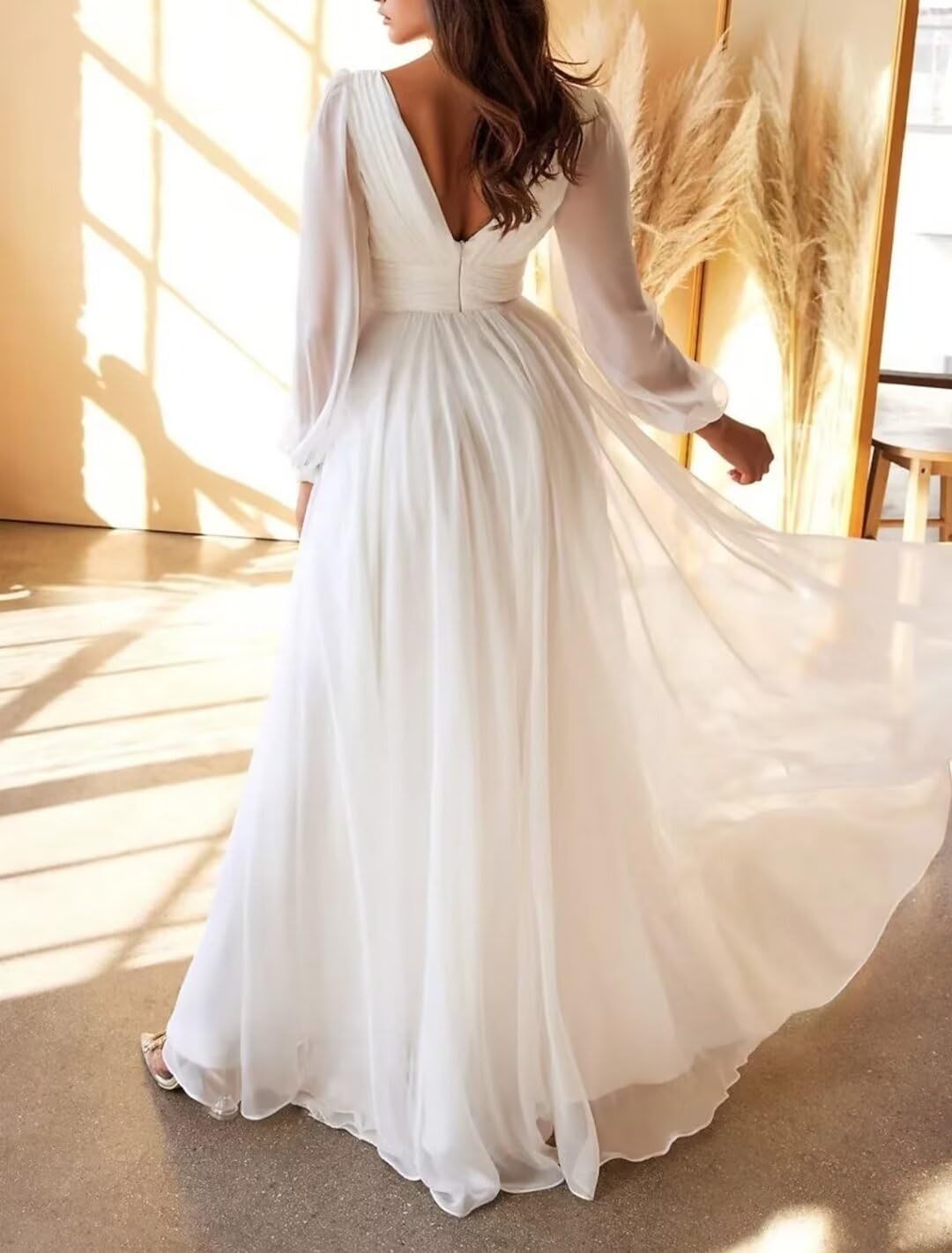 2024 Boho Wedding Dresses for Bride - Elegant Long Sleeve Chiffon Bridal Gowns with Slit | Perfect for Beach, Garden & Outdoor Boho Chic Weddings