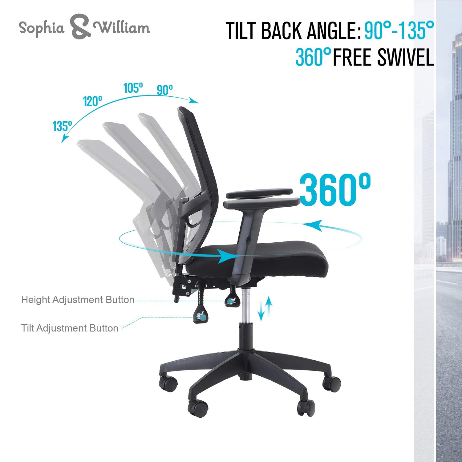 Sophia & William Ergonomic Mesh Office Chair - High Back Executive Desk Chair with 360° Swivel, Adjustable Height & Lumbar Support, Black (300 lbs Weight Capacity) - Perfect for Home Office, Gaming & Workspace Comfort