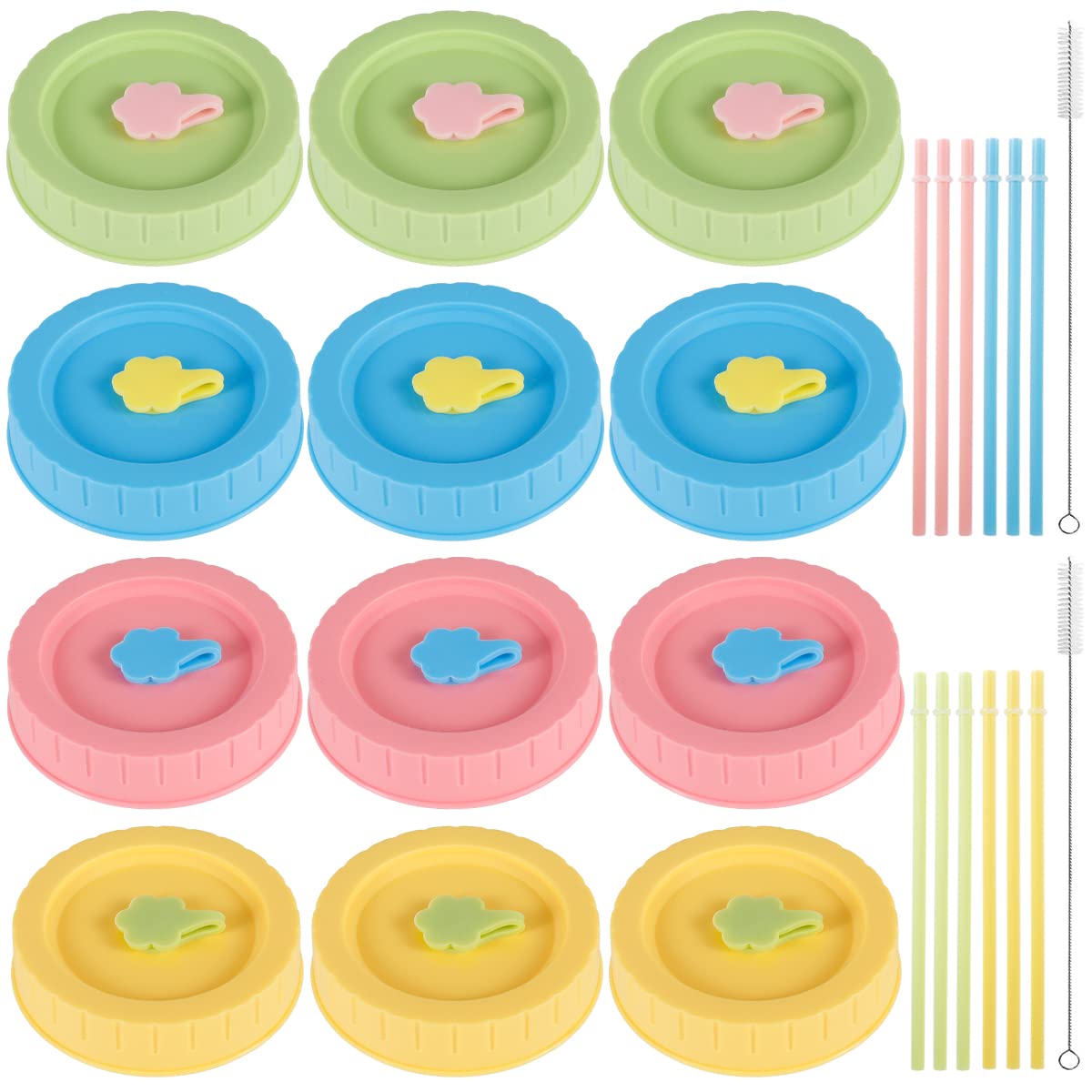 12-Piece Colorful Plastic Jar Lids Set - BPA Free, Fits 70mm Wide Mouth Silicone Canning Jars - Includes Straw Hole Cleaning Brushes & Straws - Perfect for Food Storage, Meal Prep, and On-the-Go Drinks