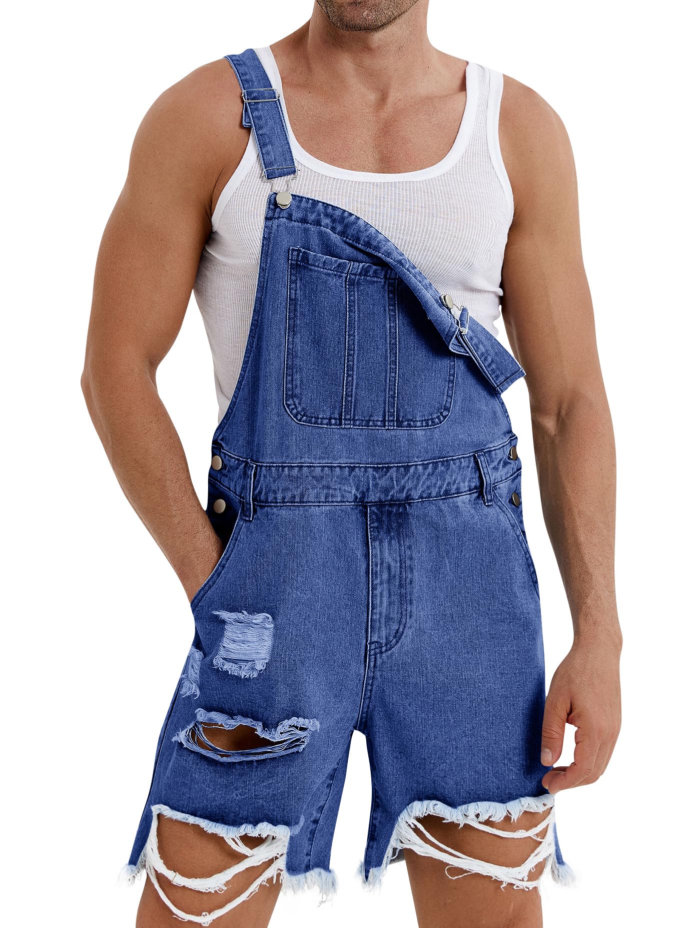 Runcati Men's Denim Shorts Bib Overalls - Loose Fit Jean Romper with Button Pockets | Casual Summer Jumpsuit for Outdoor Activities, BBQ Parties & Streetwear Fashion