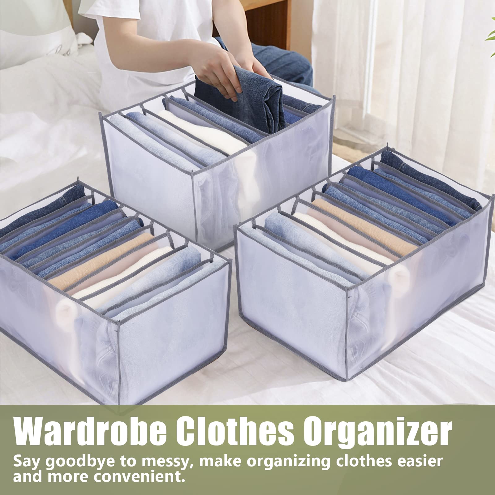 TOOVREN 3-Pack Large Mesh Jeans & Pants Organizer - 7 Grid Drawer Dividers for Folded Clothes, Wardrobe & Closet Storage Solution - Perfect for T-Shirts, Sweaters & Denim Organization