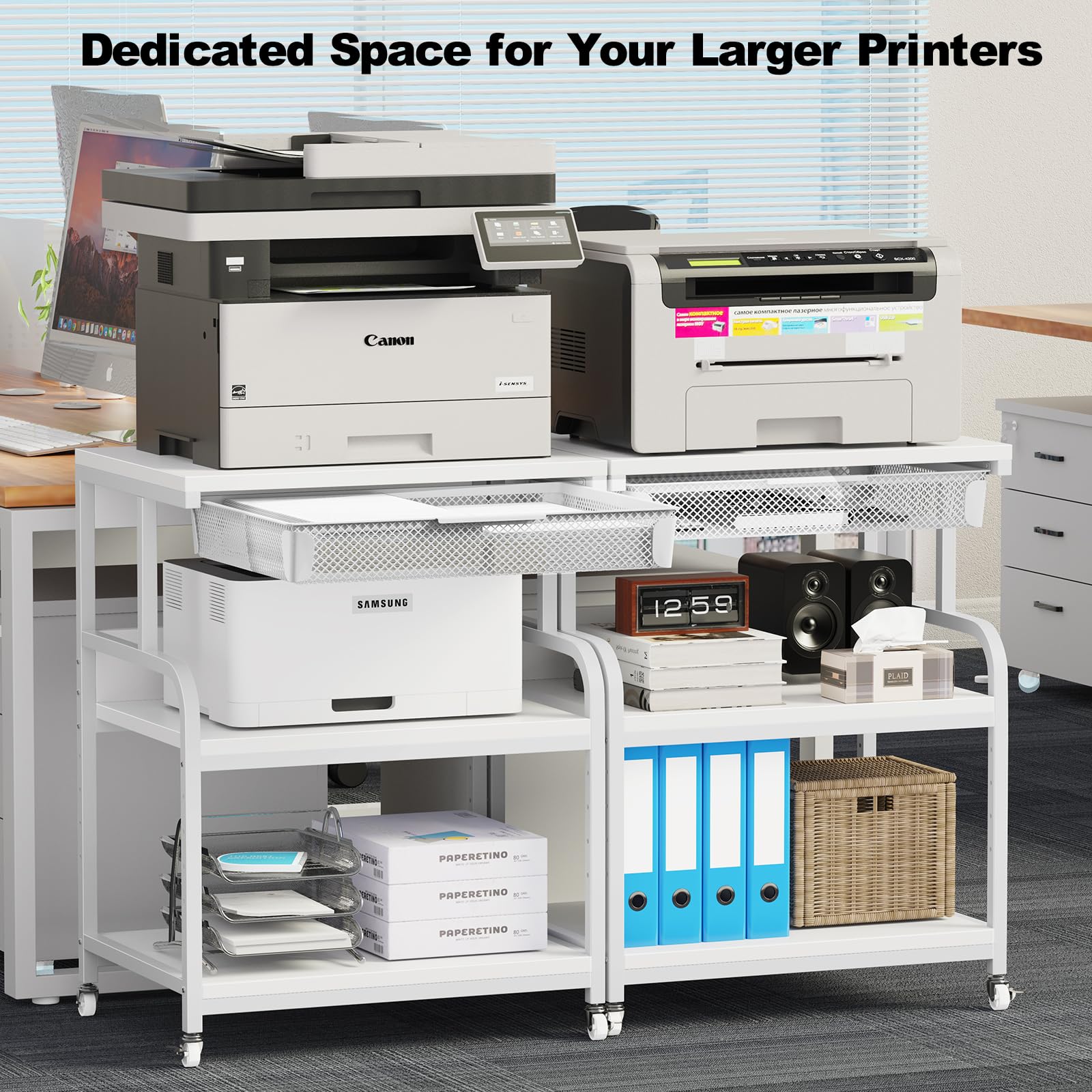 EasyCom 23.6''x18.9'' Extra Large Adjustable Printer Stand with 3 Drawers & Wheels - 5 Height Settings, 3-Tier Rolling Printer Cart for Printer, Scanner, Fax - Perfect for Home Office, Small Business & Workspace Organization