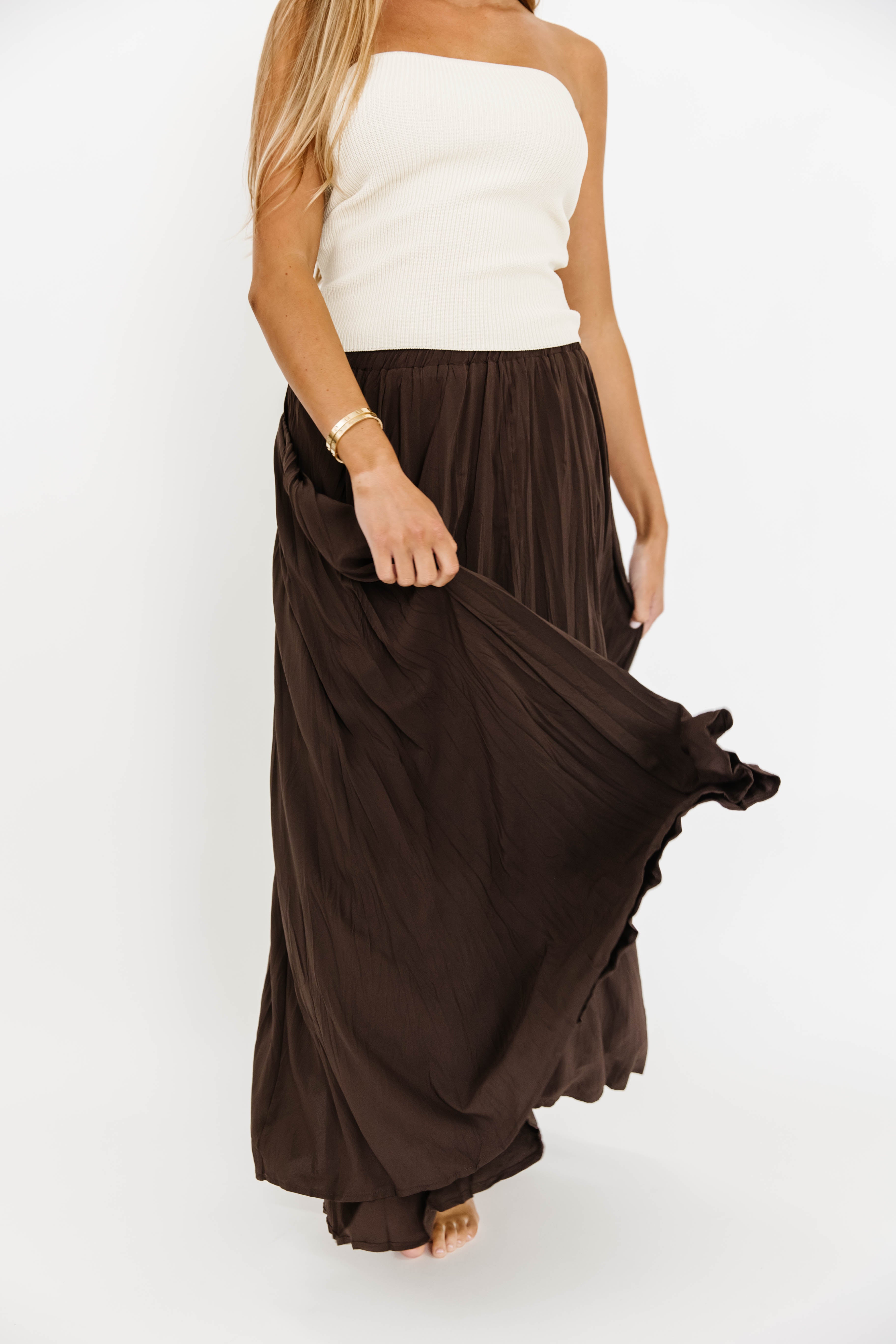 Apolline Crinkle Maxi Skirt in Dark Brown - Flowy Boho Long Skirt for Women | Perfect for Beach, Vacation & Summer Outfits