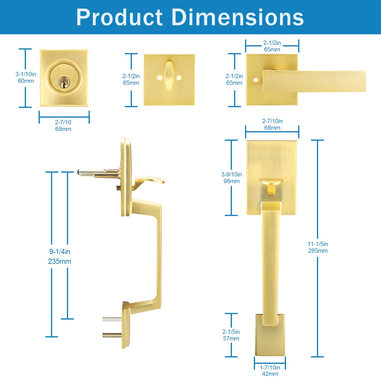 Heavy Duty Square Front Door Handle Set with Single Cylinder Deadbolt - Satin Brass Finish | Secure Entry Door Lock for Home, Apartment & Office