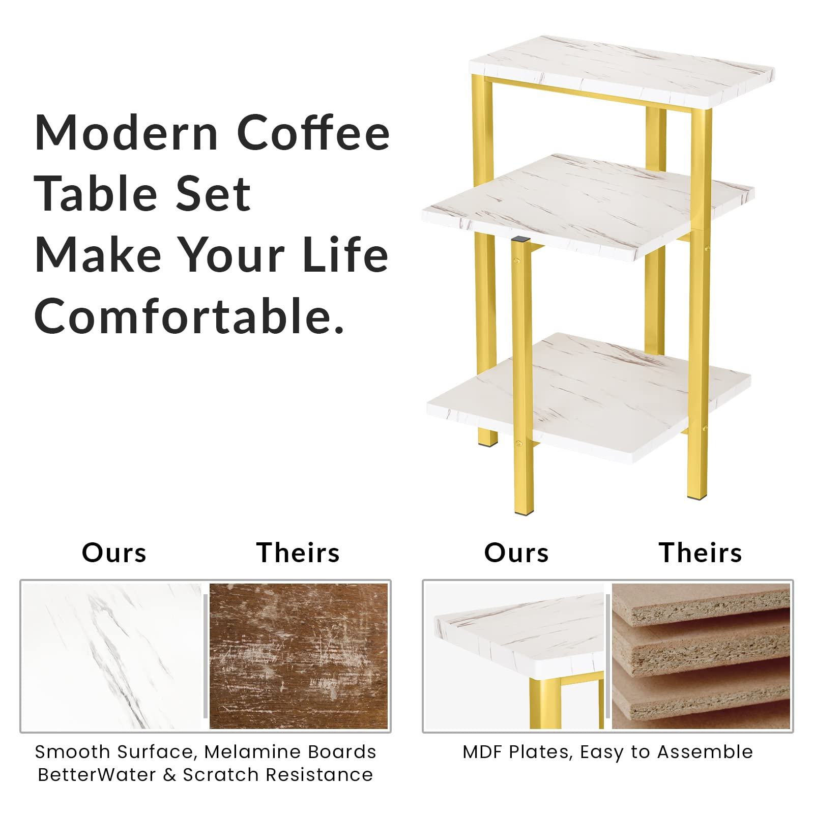 Mid-Century Modern Coffee Table Set of 3 - Faux Marble Top & Metal Frame Living Room Tables with Storage Shelves - Square End Tables for Bedroom, Office - Easy Assembly - Perfect for Small Spaces & Entertaining