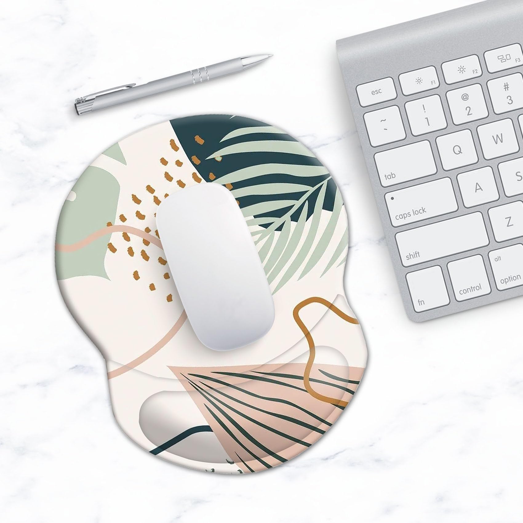Ergonomic Mouse Pad with Wrist Support - Pain Relief Comfortable Non-Slip PU Base Computer Mouse Pad for Office, Gaming & Studying - Abstract Plants Design for Home & Work Desk Setup