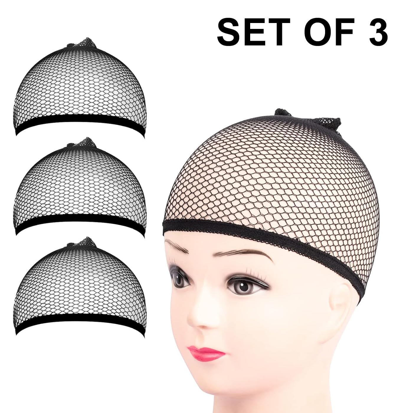 Inaaya Set of 3 Black Wig Caps for Men & Women - Breathable Full Head Hair Net for Lace Wigs, Weaves & Extensions - Perfect for Cosplay, Daily Wear & Salon Styling