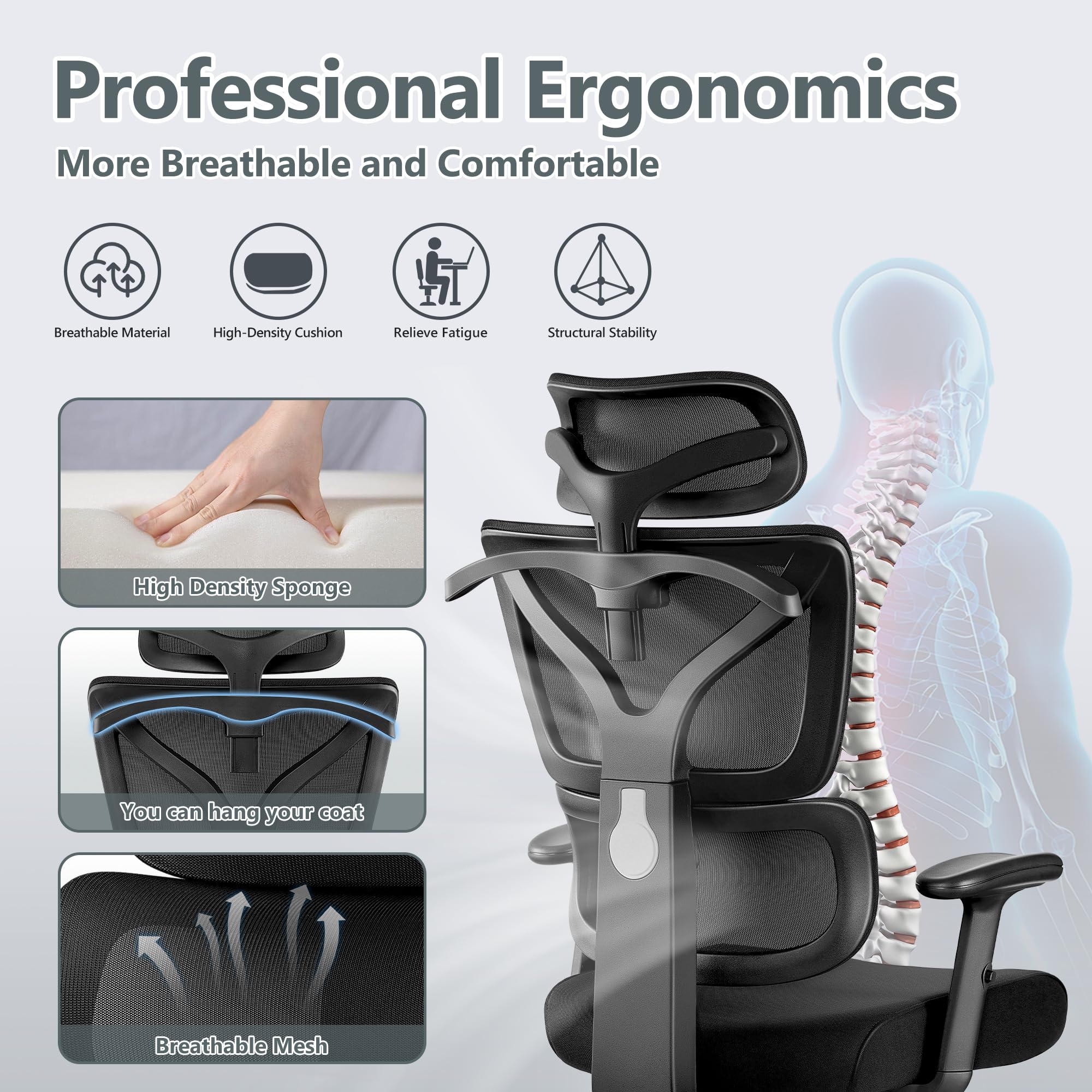 Winrise Ergonomic Office Chair - High Back Mesh Computer Desk Chair with Lumbar Support & Adjustable Armrests, Big and Tall Reclining Gaming Chair for Home Office, Work, and Study (Black)