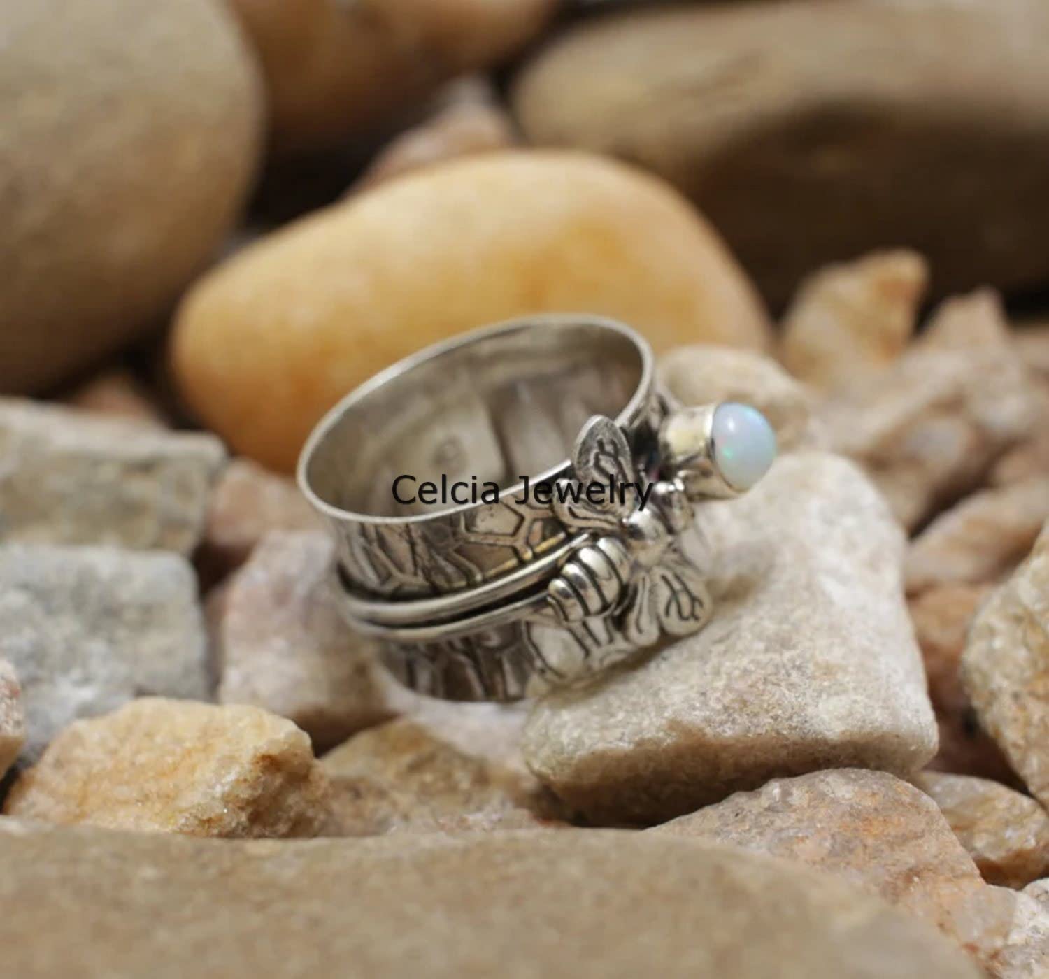 Opal Gemstone Spinner Bee Ring – Handcrafted Spinning Meditation & Anxiety Relief Fidget Ring – October Birthstone Jewelry Gift for Women (US Size 8.5) – Perfect for Stress Relief, Mindfulness Practice & Stylish Everyday Wear