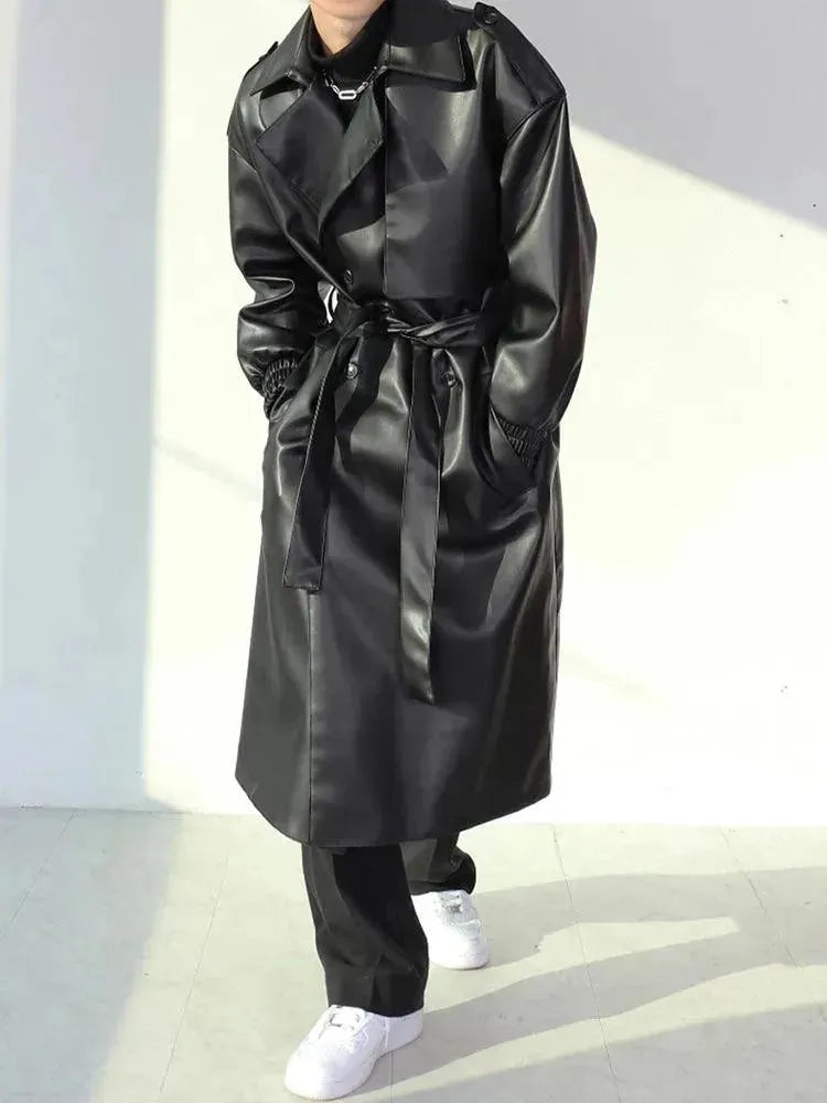 Men's Casual Belted Leather Overcoat - Stylish Winter Trench Coat for Business & Outdoor Wear