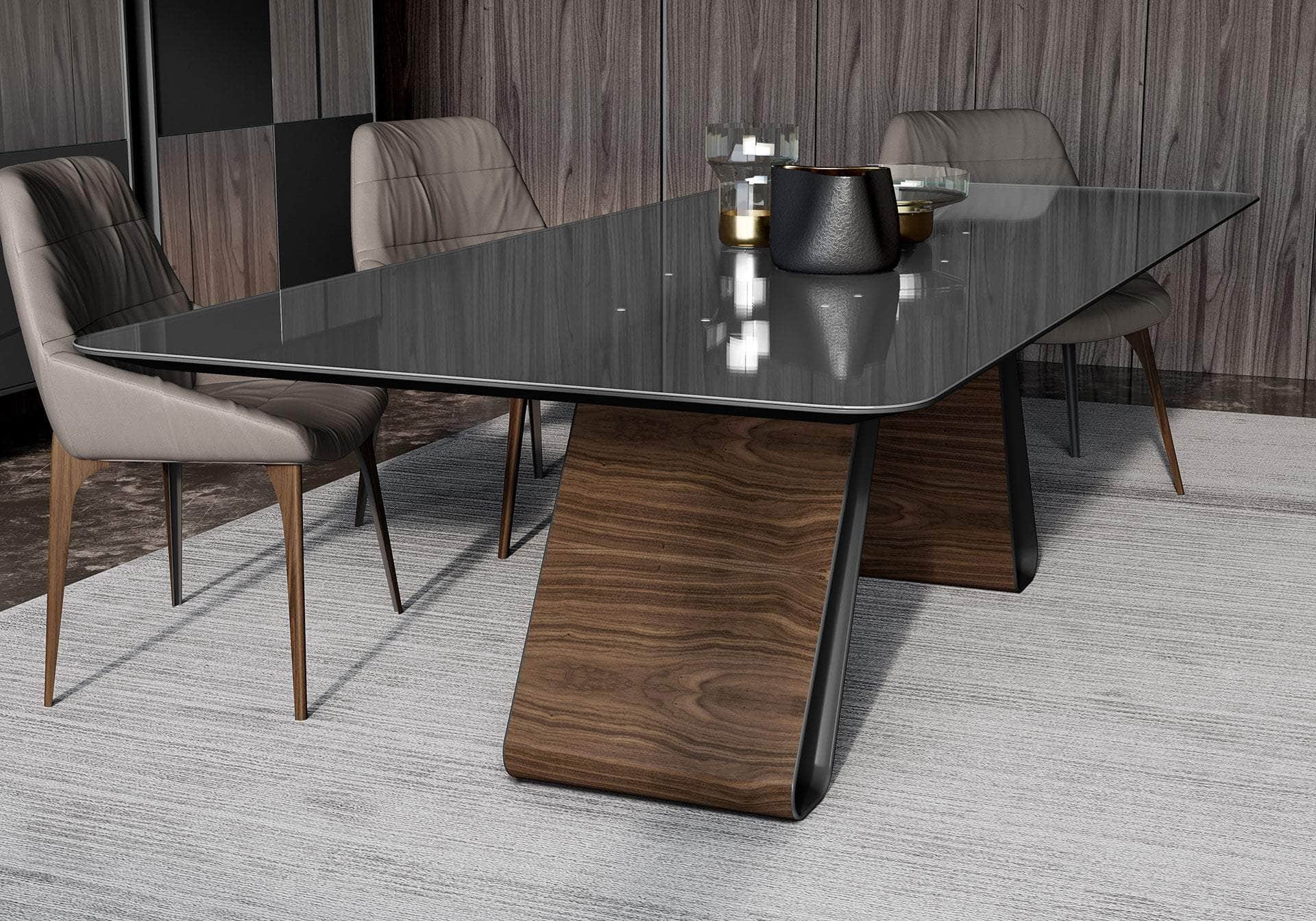 Wembley Rectangular Dining Table - Graphite Glass & Walnut Finish - Modern Kitchen & Dining Room Furniture for Family Gatherings & Dinner Parties
