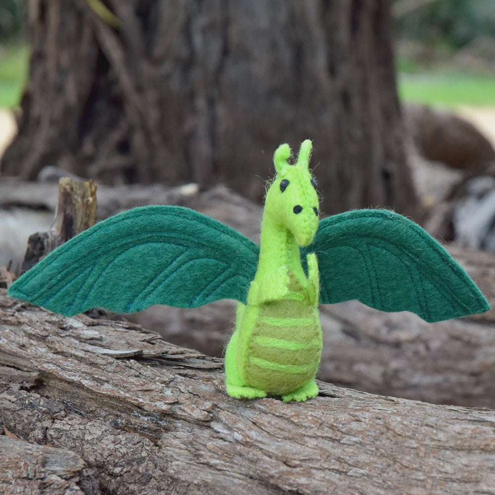 Green Felt Dragon Toy - Soft Plush Stuffed Animal for Kids, Fantasy Play, Nursery Decor, and Gift Ideas
