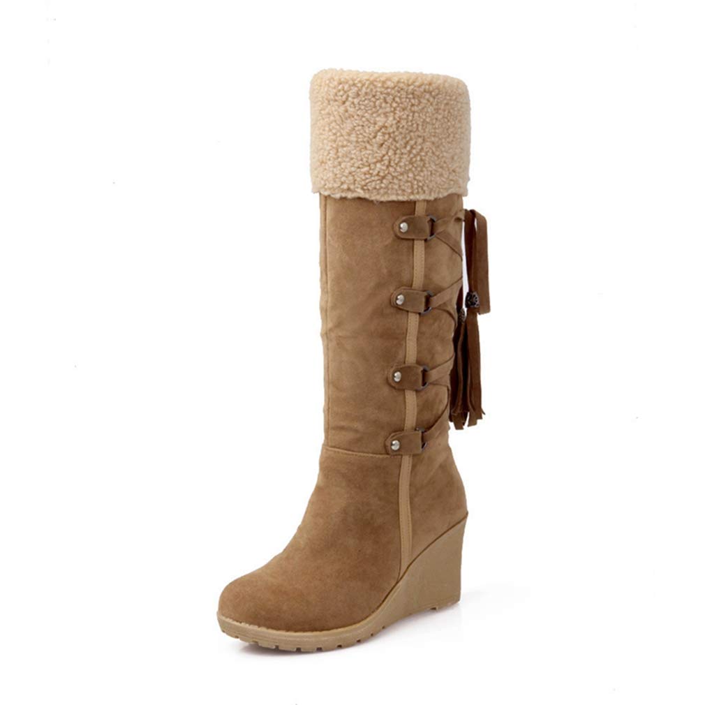 GIY Women's Winter Fur Wedge Snow Boots - Waterproof Mid Calf Wide Width Platform Booties with Fringe | Warm Slip On Winter Shoes for Snowy Days, Outdoor Activities & Cold Weather Fashion