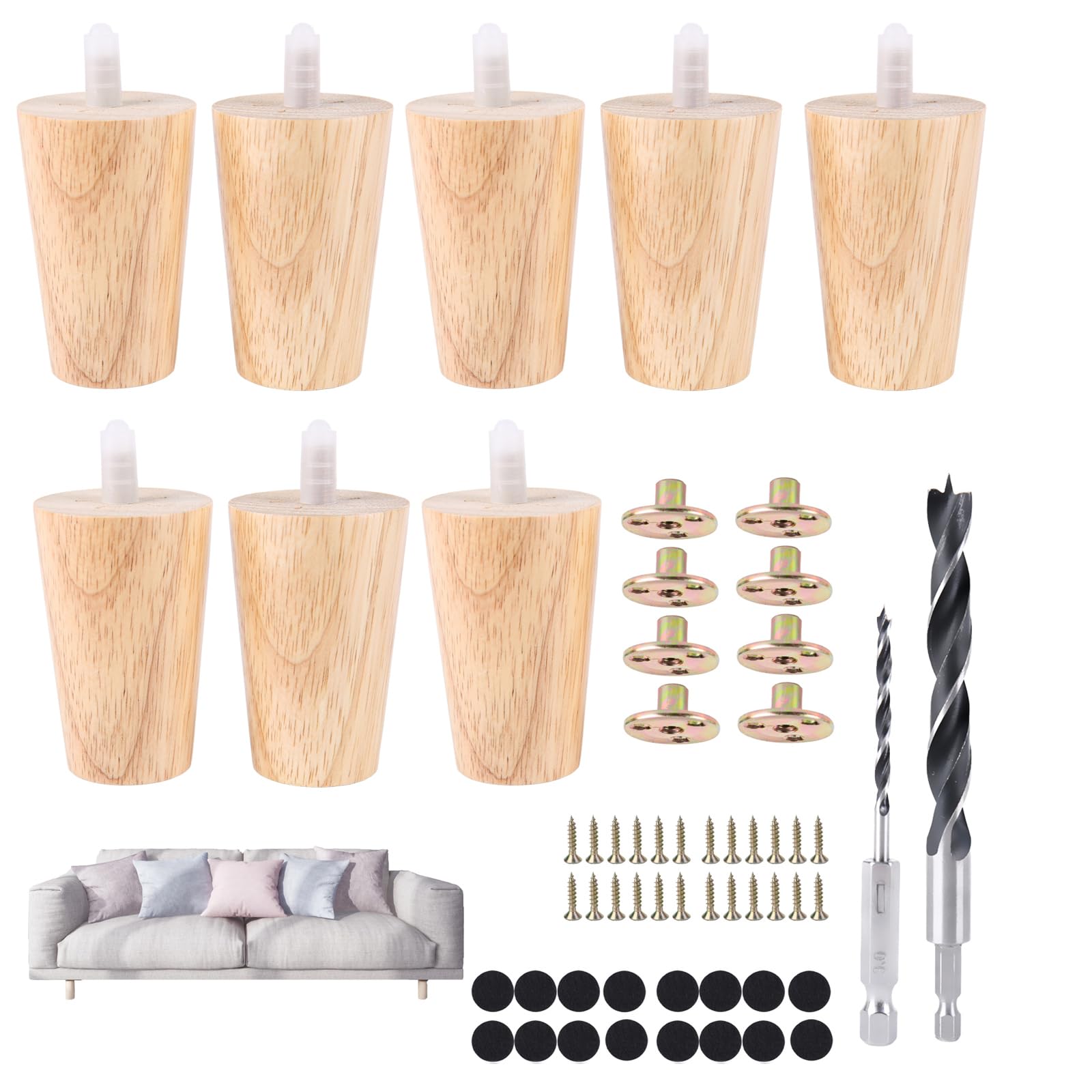 8 Pieces 3 Inch Round Solid Wood Sofa Legs - Natural Wooden Couch Replacement Legs for Armchair, Cabinet, Chair, Footstool, Dresser - Mid Century Modern Furniture Upgrade for Living Room, Bedroom, Office