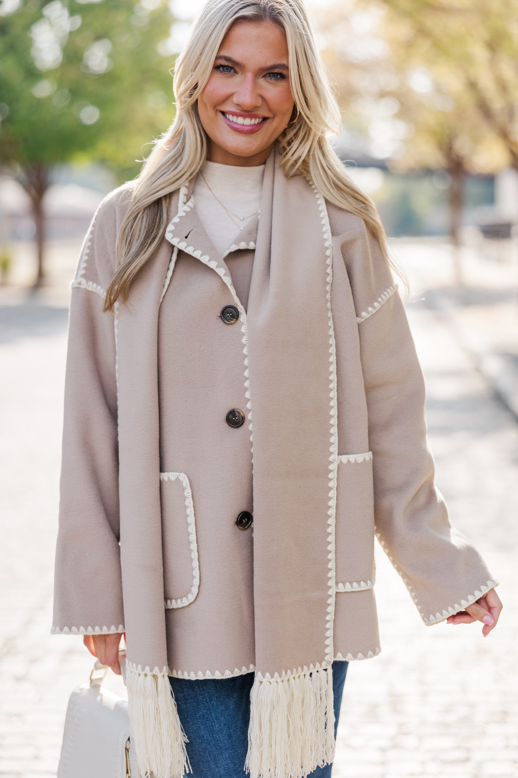 Better Together Camel Contrast Stitched Jacket - Stylish Women's Outerwear for Fall & Winter | Perfect for Casual Outings, Date Nights & Office Wear