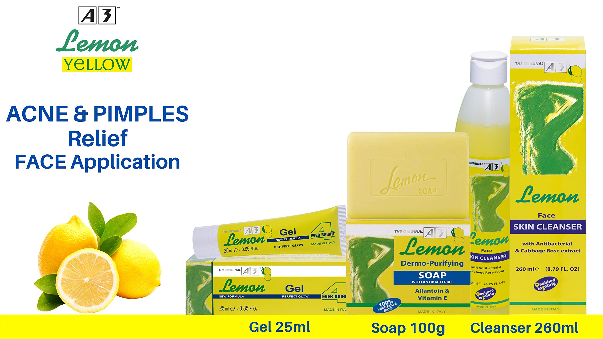 A3 Lemon Dermo-Purifying Soap - 100g | Natural Acne Treatment & Skin Cleanser for Oily & Sensitive Skin | Perfect for Daily Face & Body Wash