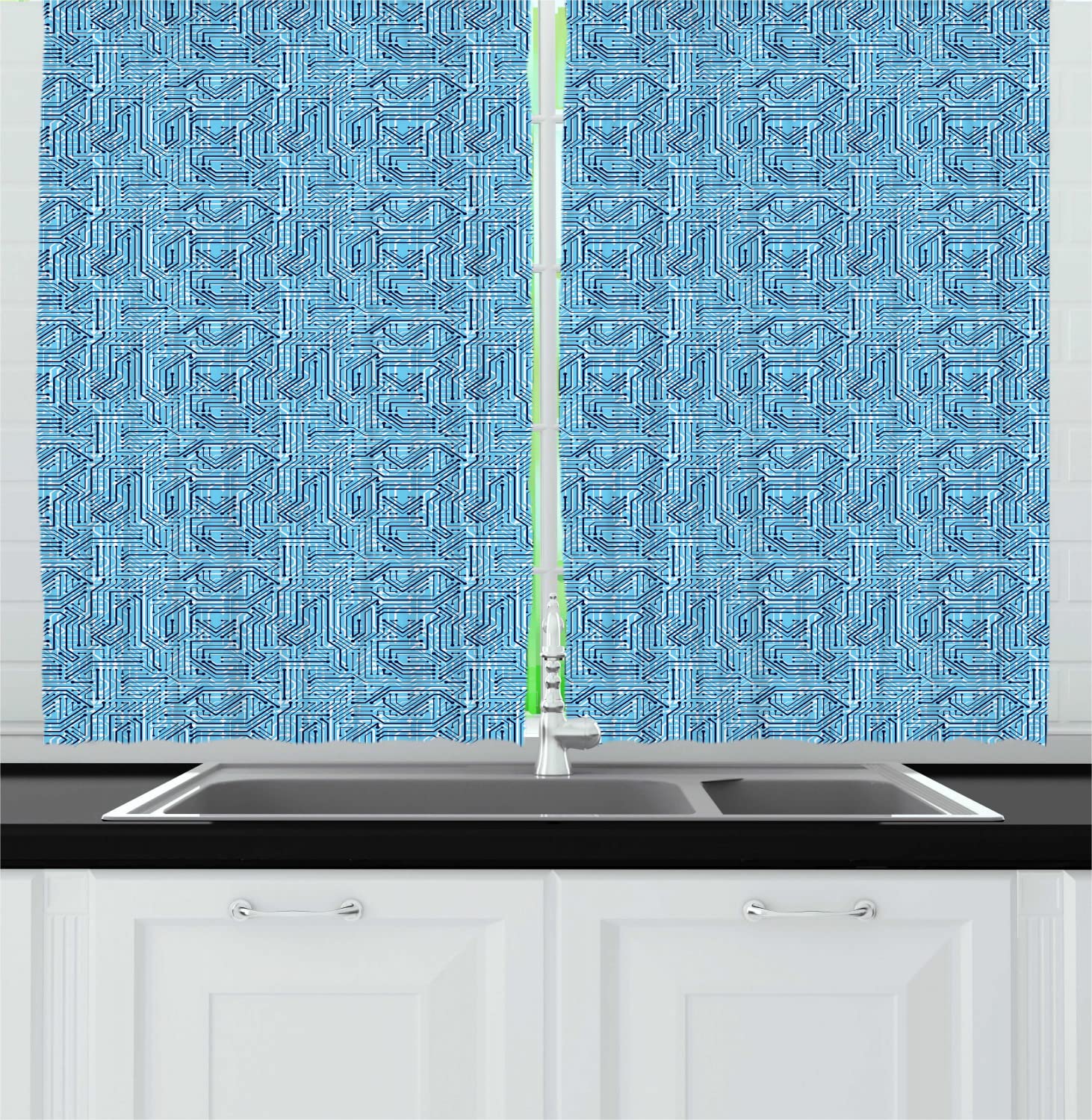Ambesonne Digital Print Long Kitchen Curtains - Motherboard Circuit Board Tech Design, 2 Panel Rod Pocket Drapes for Windows, 55