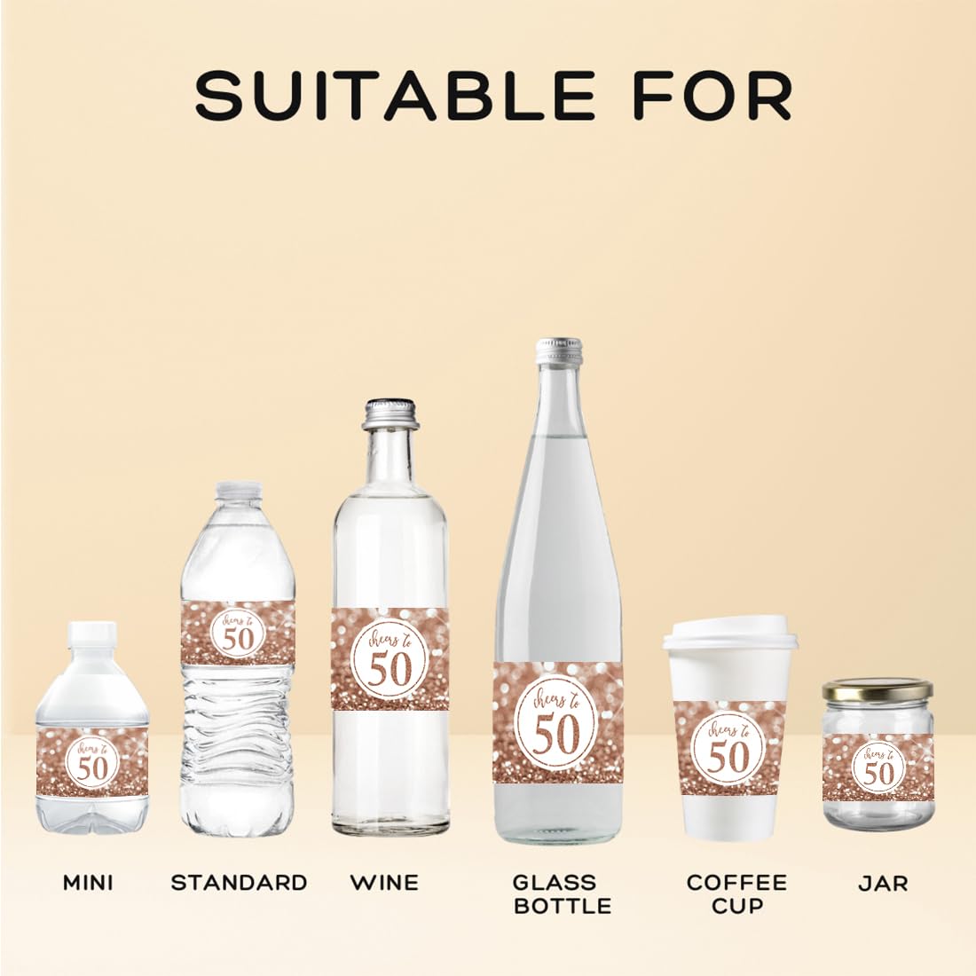 Andaz Press Glitzy Faux Glitter Rose Gold Water Bottle Labels - 20-Pack Cheers to 50 Years Stickers for 50th Birthday Party Decorations, Anniversary Favors & Women's Celebrations - Perfect for Birthday Parties, Milestone Events & Drinkware Decoration