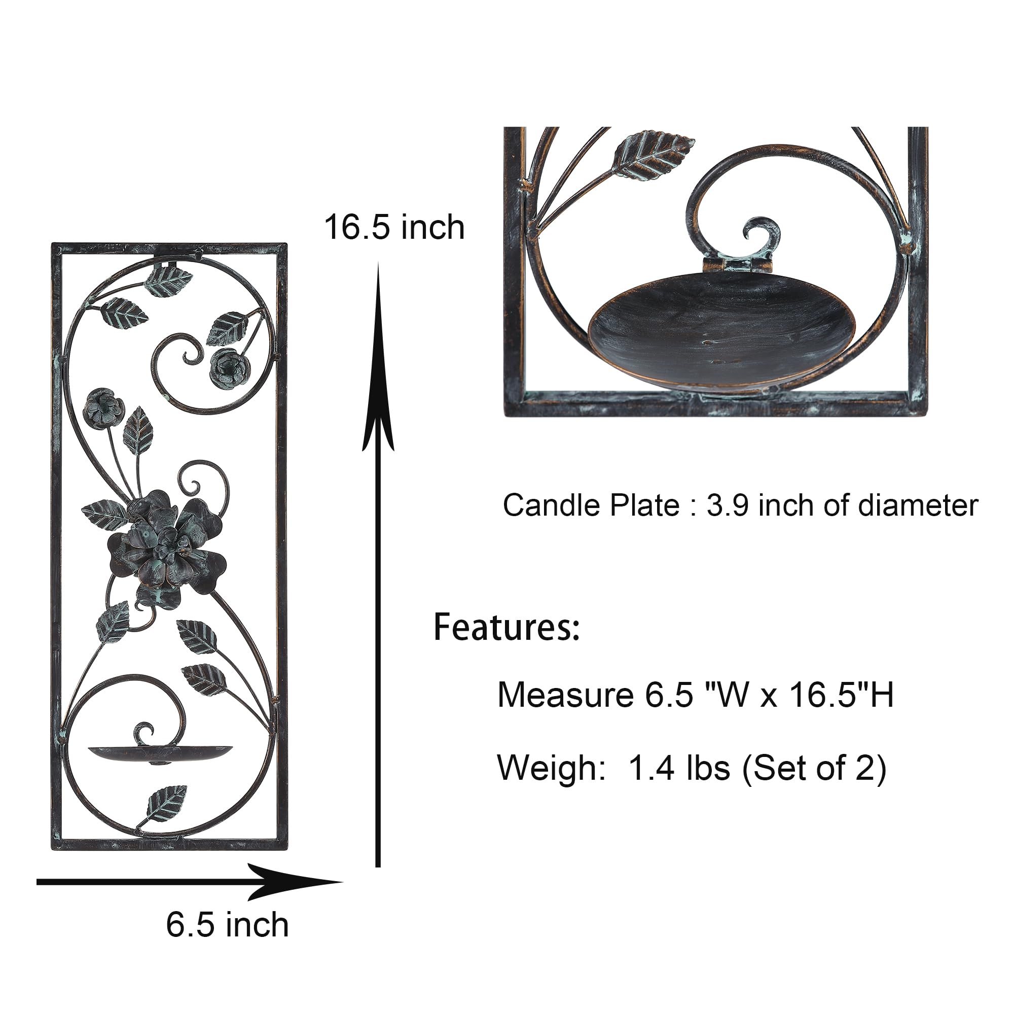 Scroll & Floral Metal Wall Candle Sconce Set of 2 - 16.5