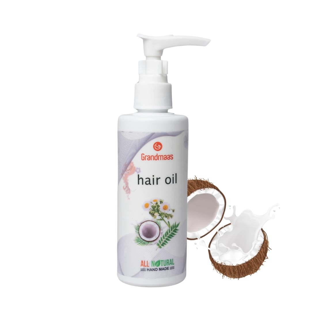 Grandmaas All Natural Handmade Herbal Hair Oil for Hair Growth & Hair Fall Control - Coconut Oil, Sesame, Bhringaraj & Hibiscus Infused Treatment for Women & Men (120ml) | Promotes Stronger, Healthier Hair for Daily Care & Scalp Massage