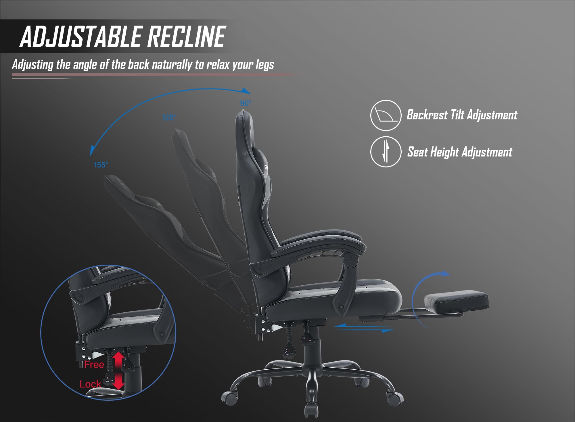 Ergonomic Gaming Chair with Footrest & Lumbar Support - Adjustable Height Swivel Computer Chair for Adults & Teens - Home Office Video Game Chair with Headrest (Grey) - Perfect for Long Gaming Sessions & Remote Work