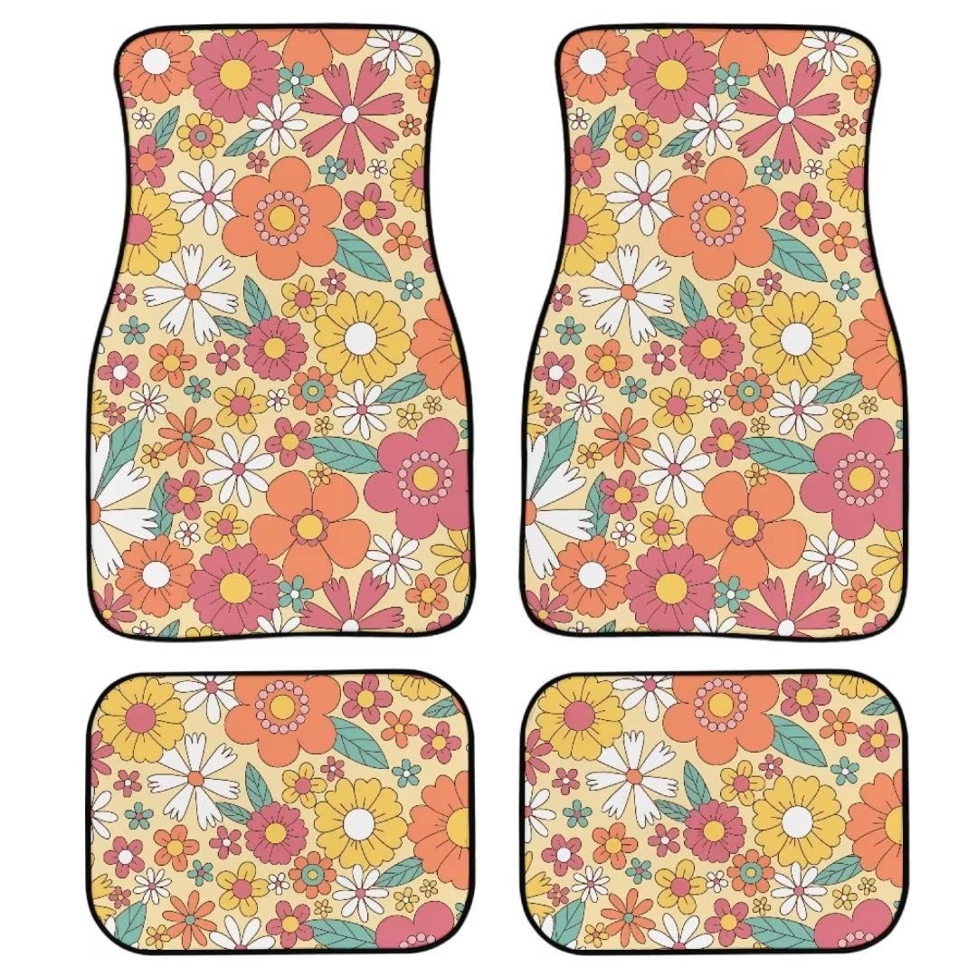 PZZ BEACH Abstract Hippie Flower Car Floor Mats - 4-Piece Set for Front & Rear Seats | Universal Fit All Weather Floor Protectors | Perfect for Beach Trips, Road Trips & Hippie Style Car Decor